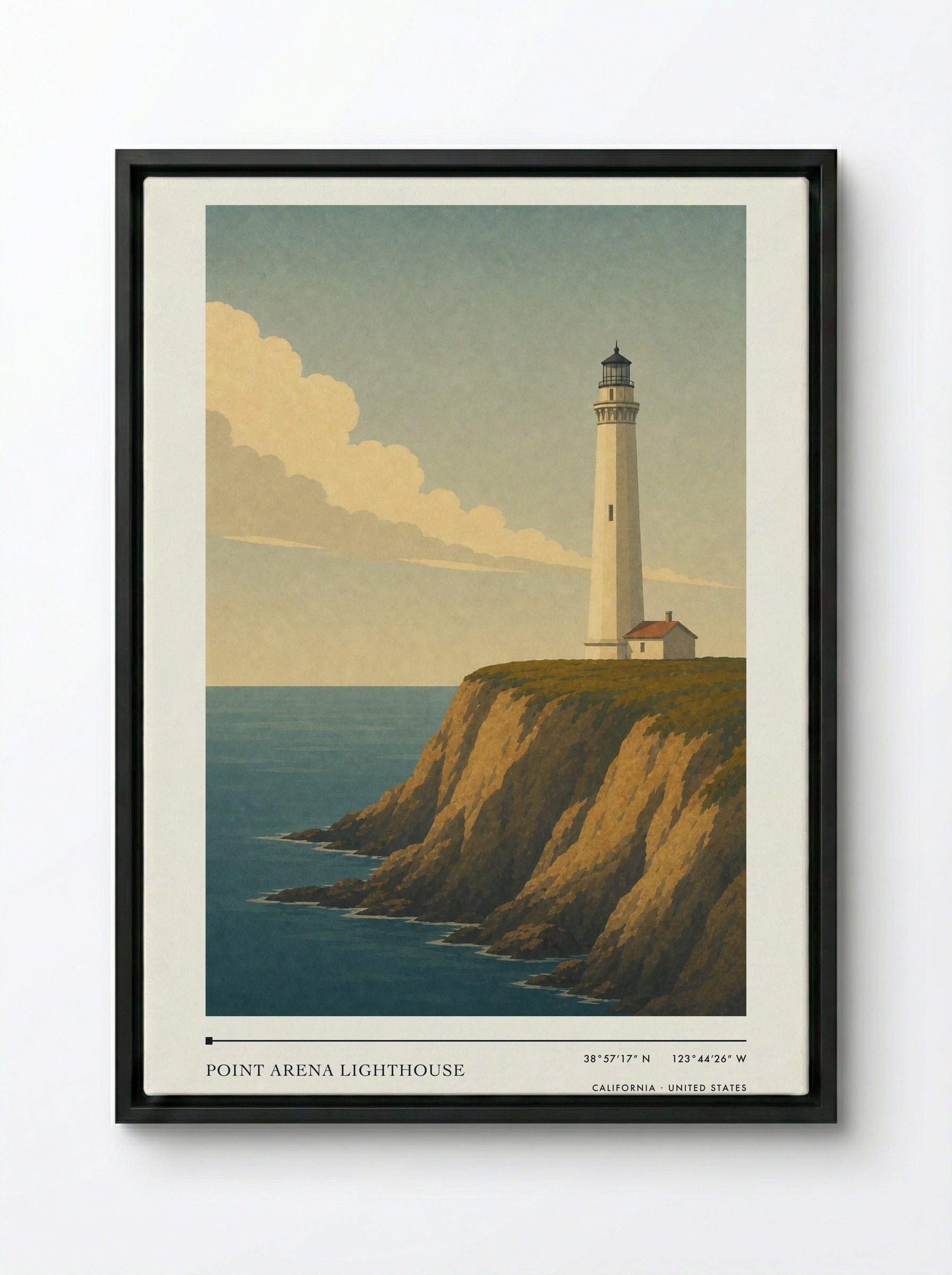 Point Arena Lighthouse Travel Poster Artwork - Framed Canvas Black
