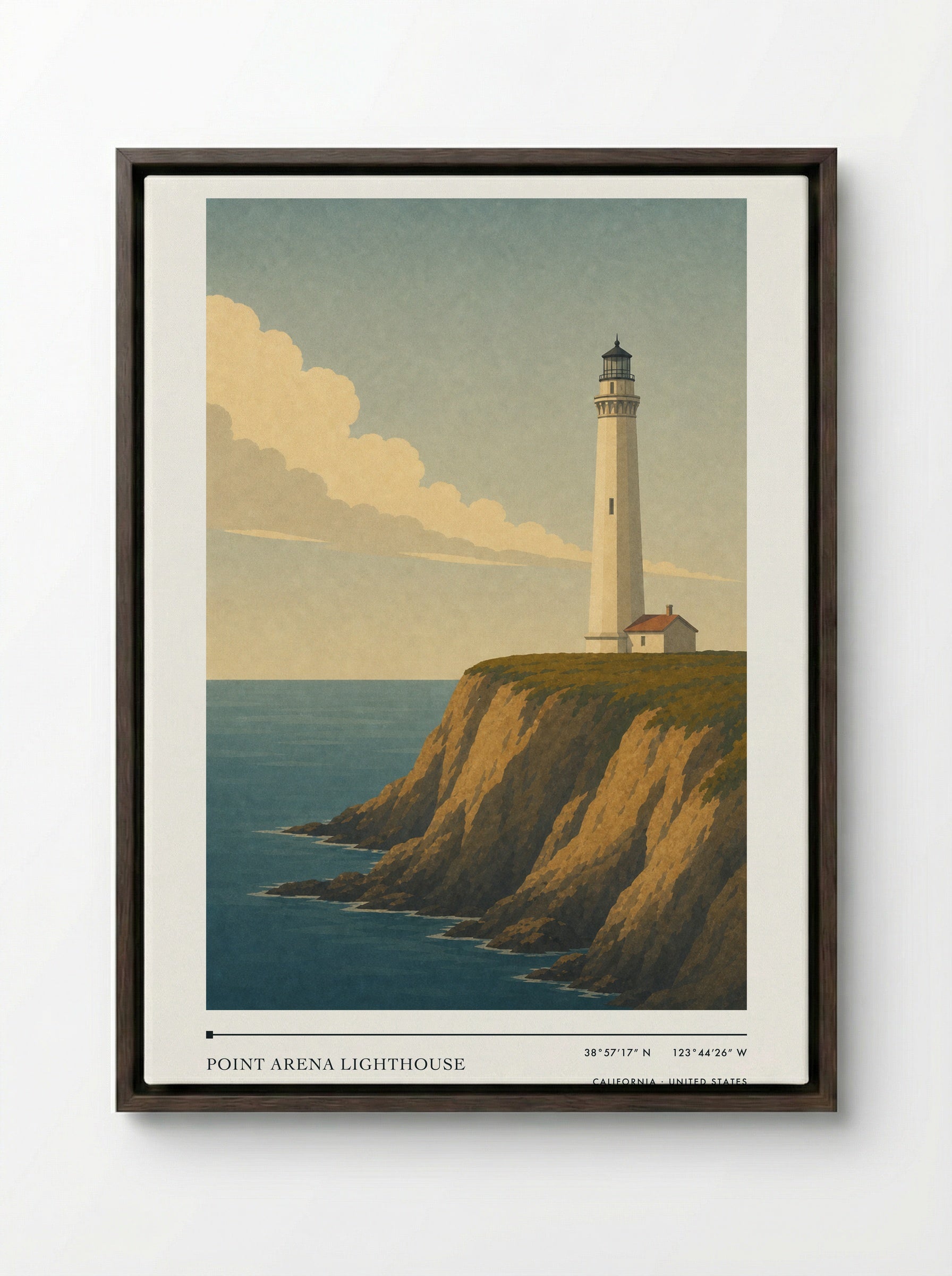 Point Arena Lighthouse Travel Poster Artwork - Framed Canvas Dark Wood