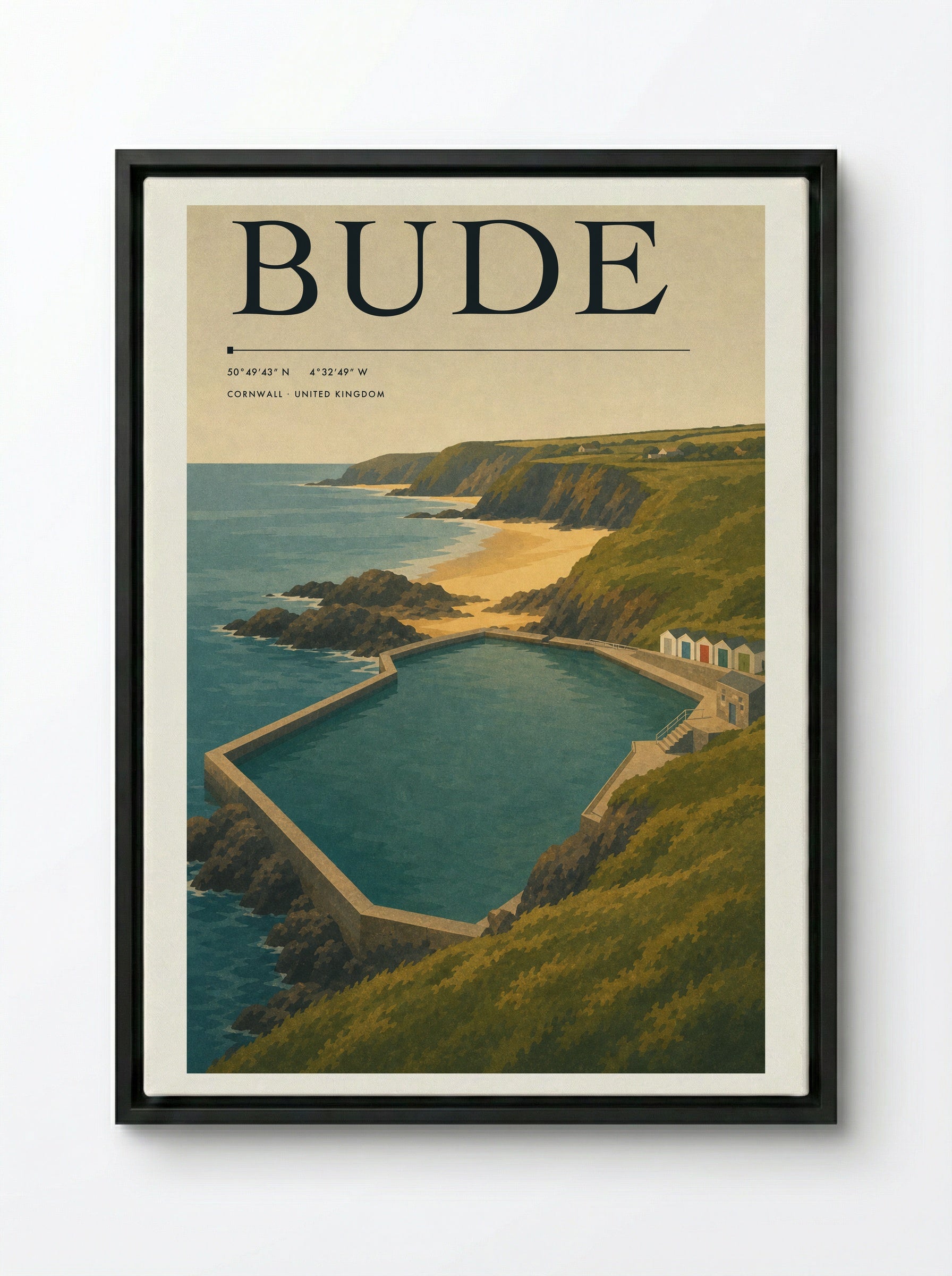 Bude Cornwall Travel Poster - Framed Canvas Black