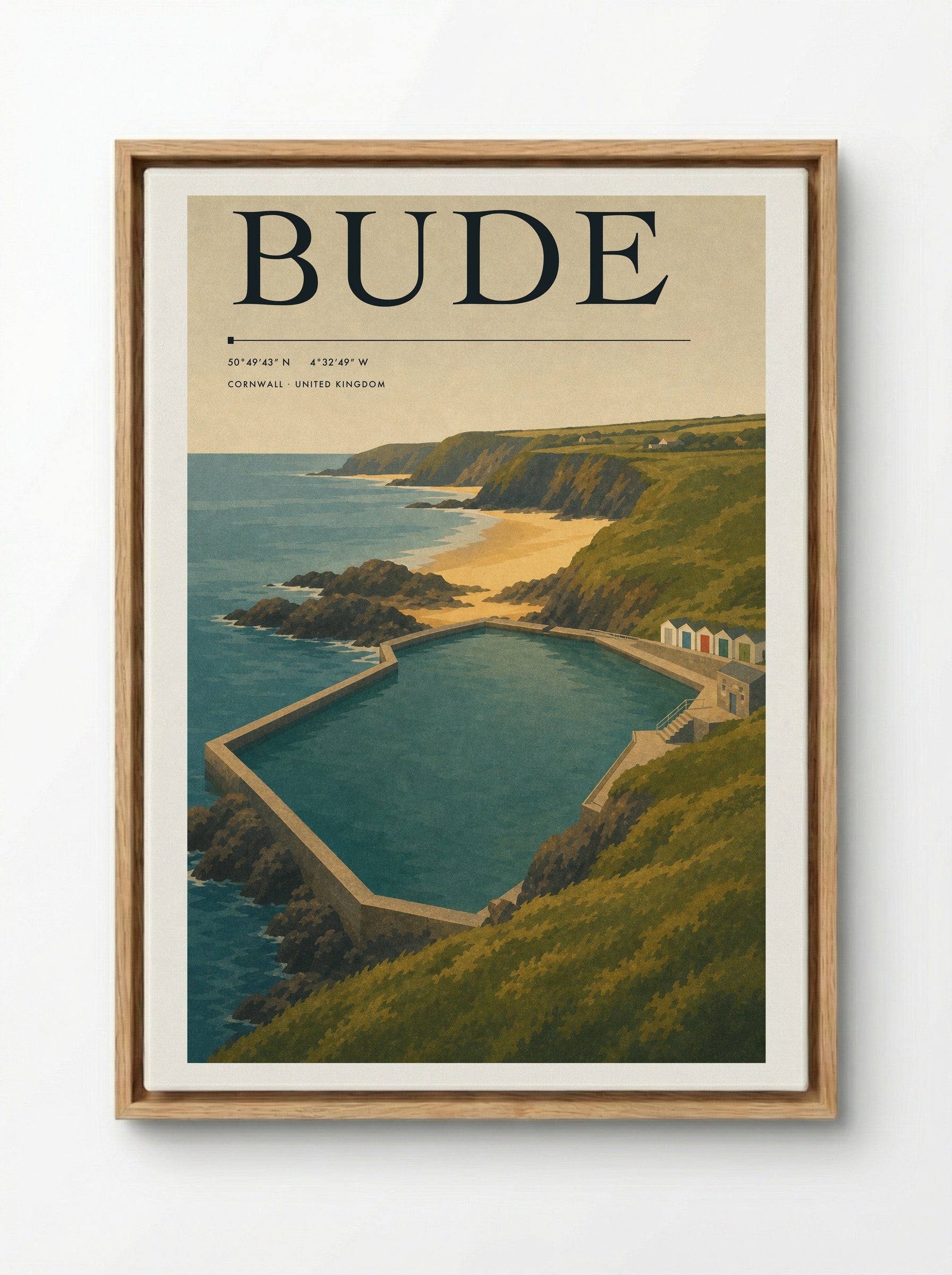Bude Cornwall Travel Poster - Framed Canvas Wood