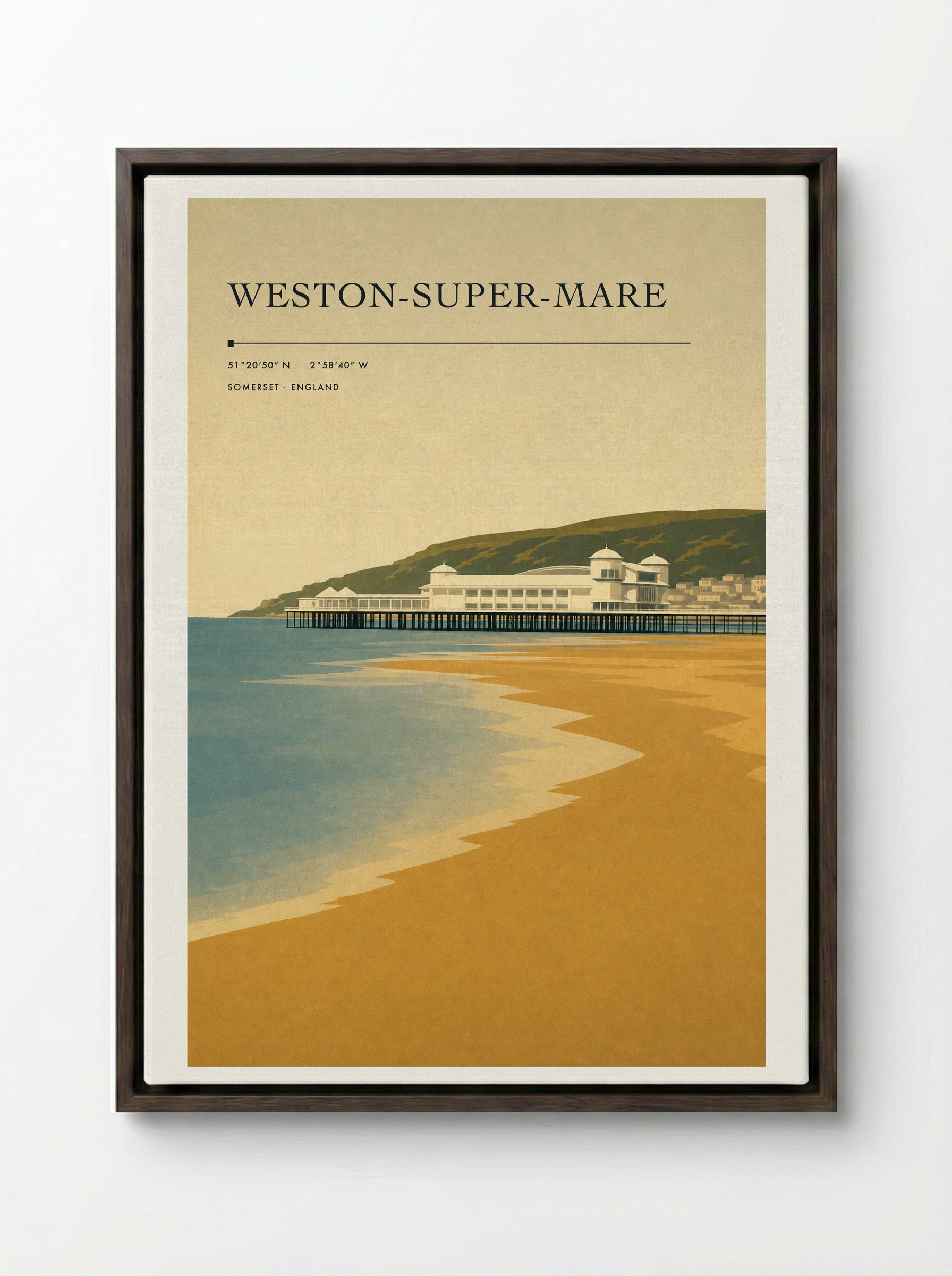 Weston-Super-Mare Travel Poster - Framed Canvas Dark Wood
