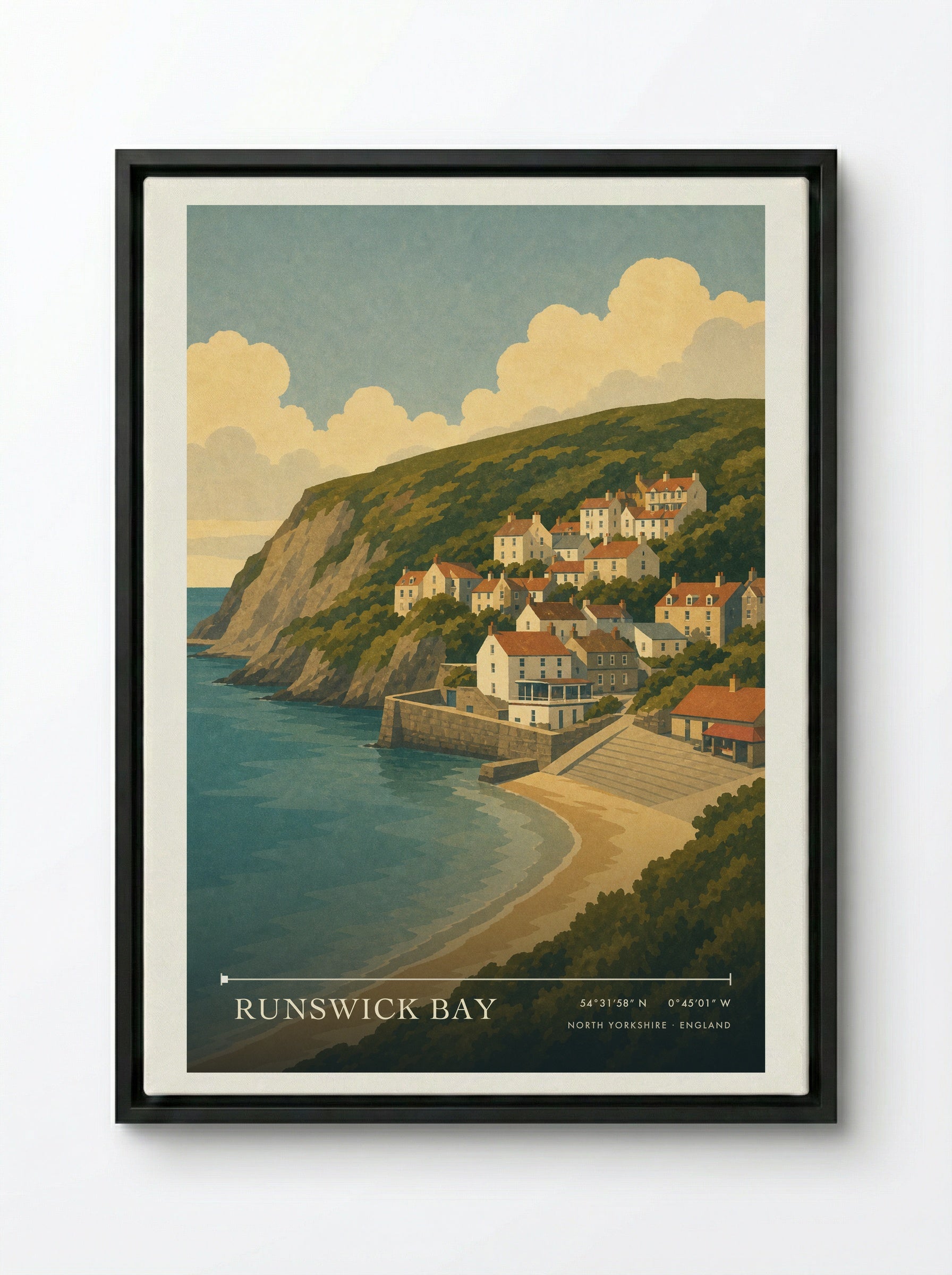 Runswick Bay Yorkshire Travel Poster - Framed Canvas Black