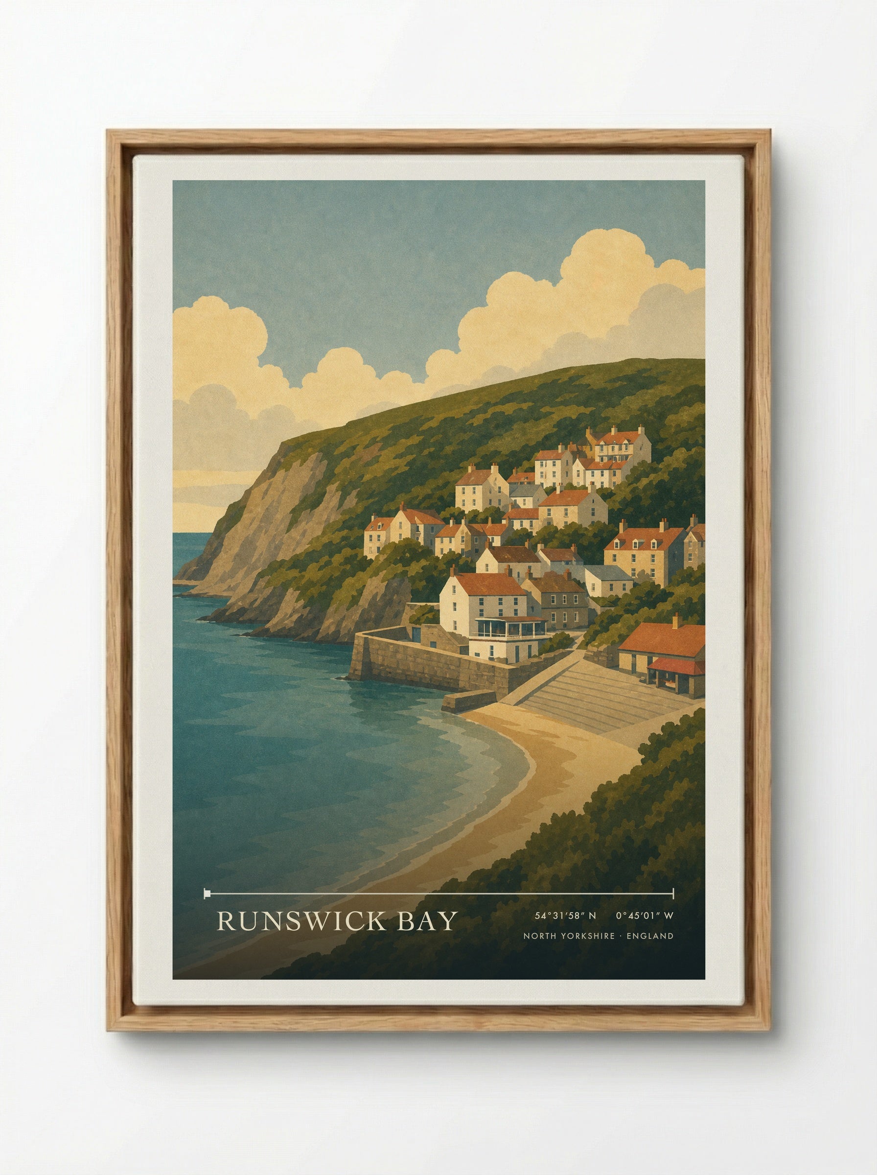 Runswick Bay Yorkshire Travel Poster - Framed Canvas Wood