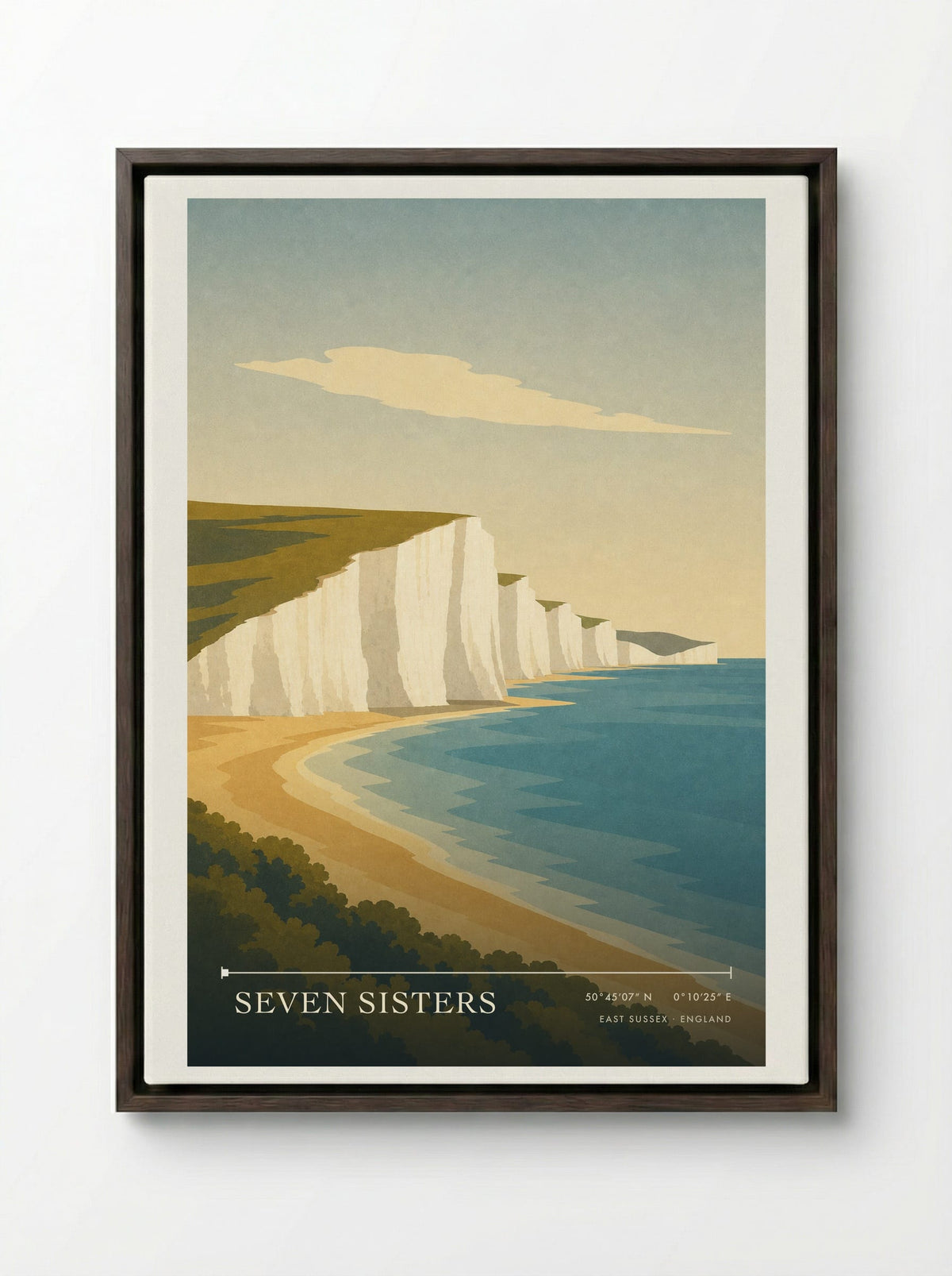 Seven Sisters Travel Poster Artwork - Framed Canvas Dark Wood