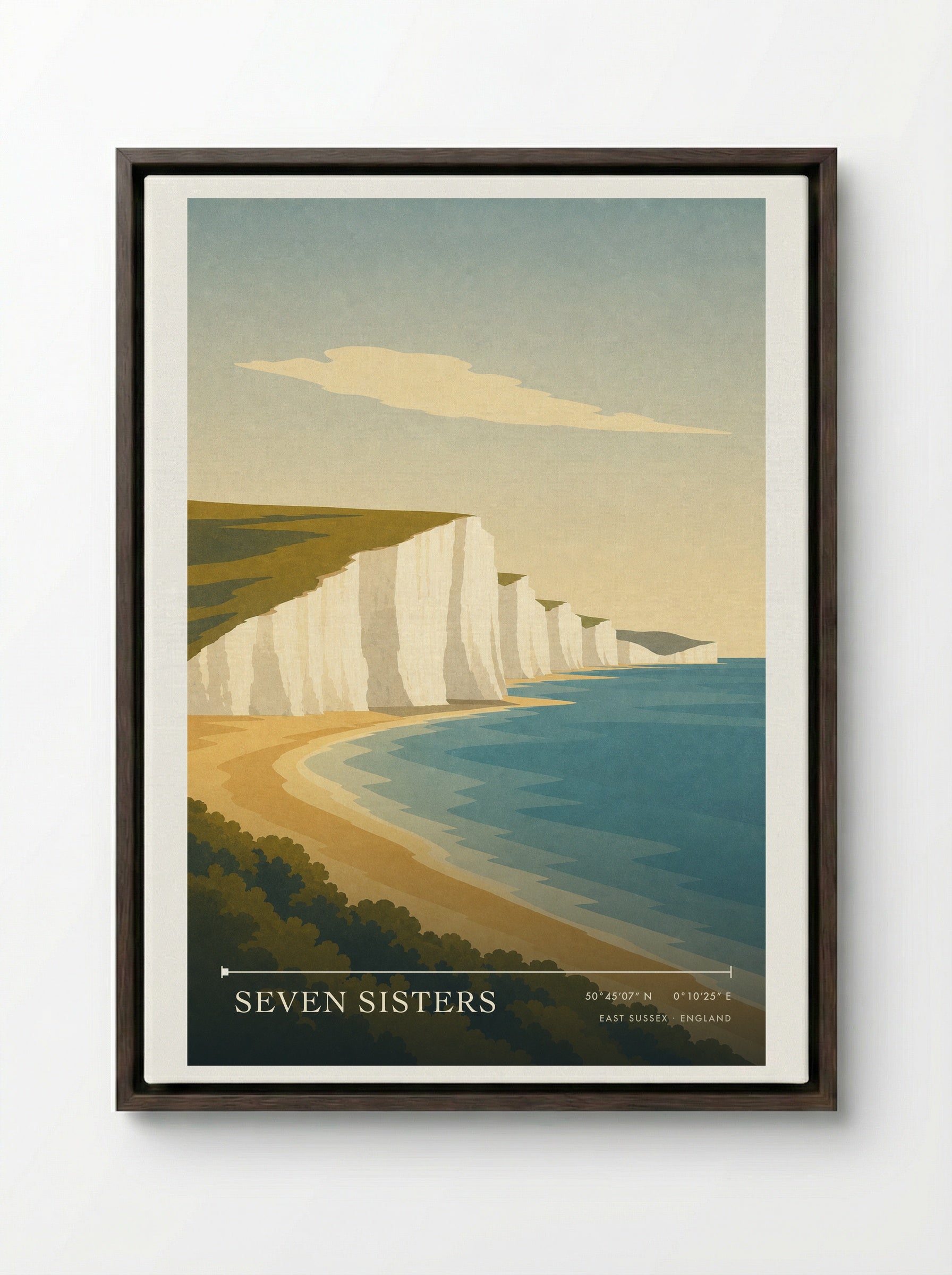Seven Sisters Travel Poster Artwork - Framed Canvas Dark Wood