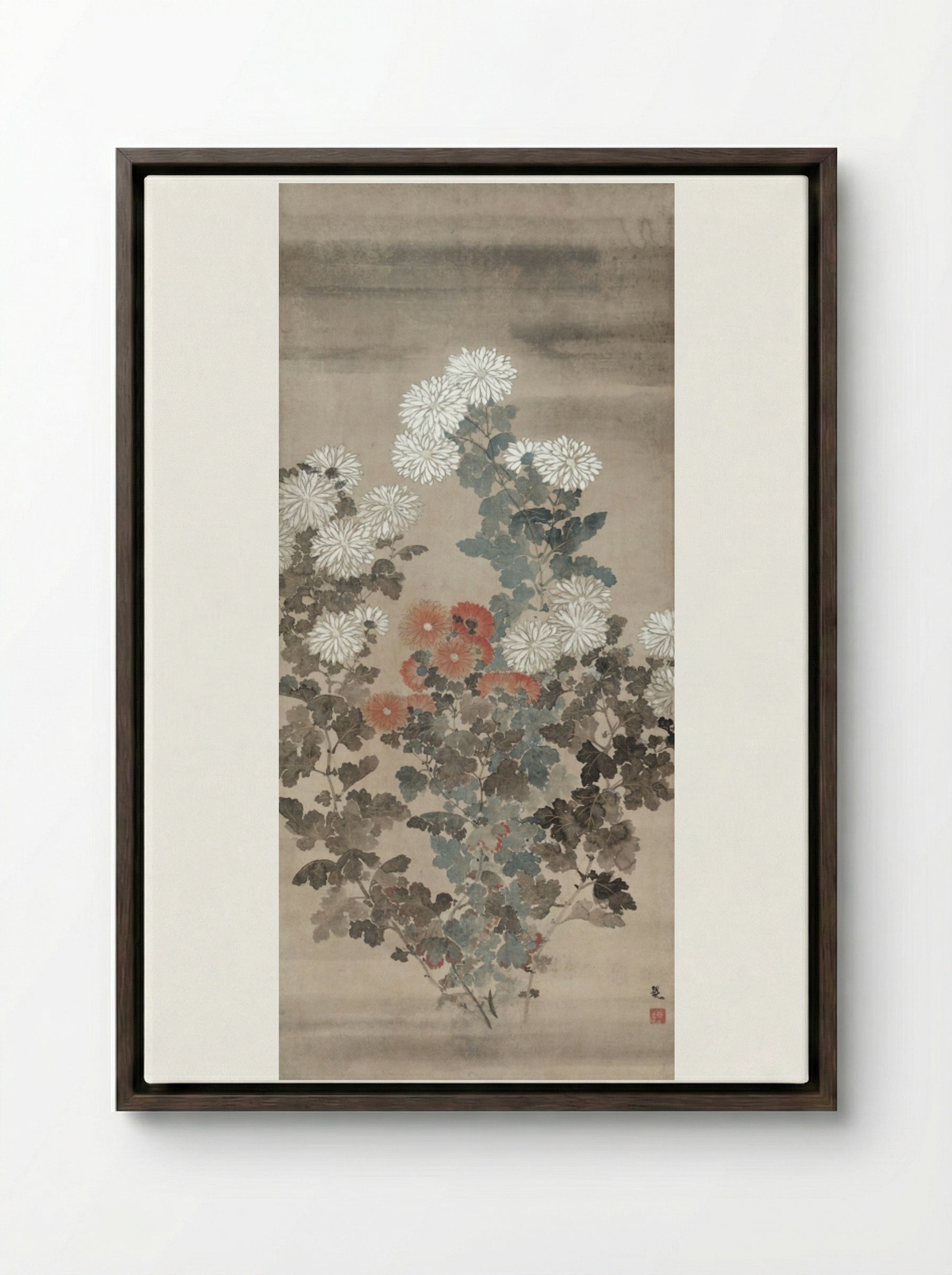 Chrysanthemums - Kitagawa Sōsetsu - Framed Canvas Dark Wood