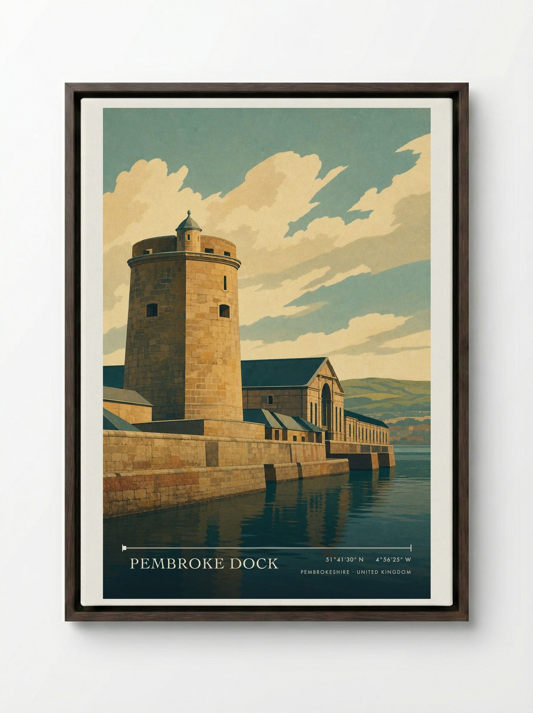 Pembroke Dock Pembrokeshire United Kingdom Travel Poster - Framed Canvas Dark Wood