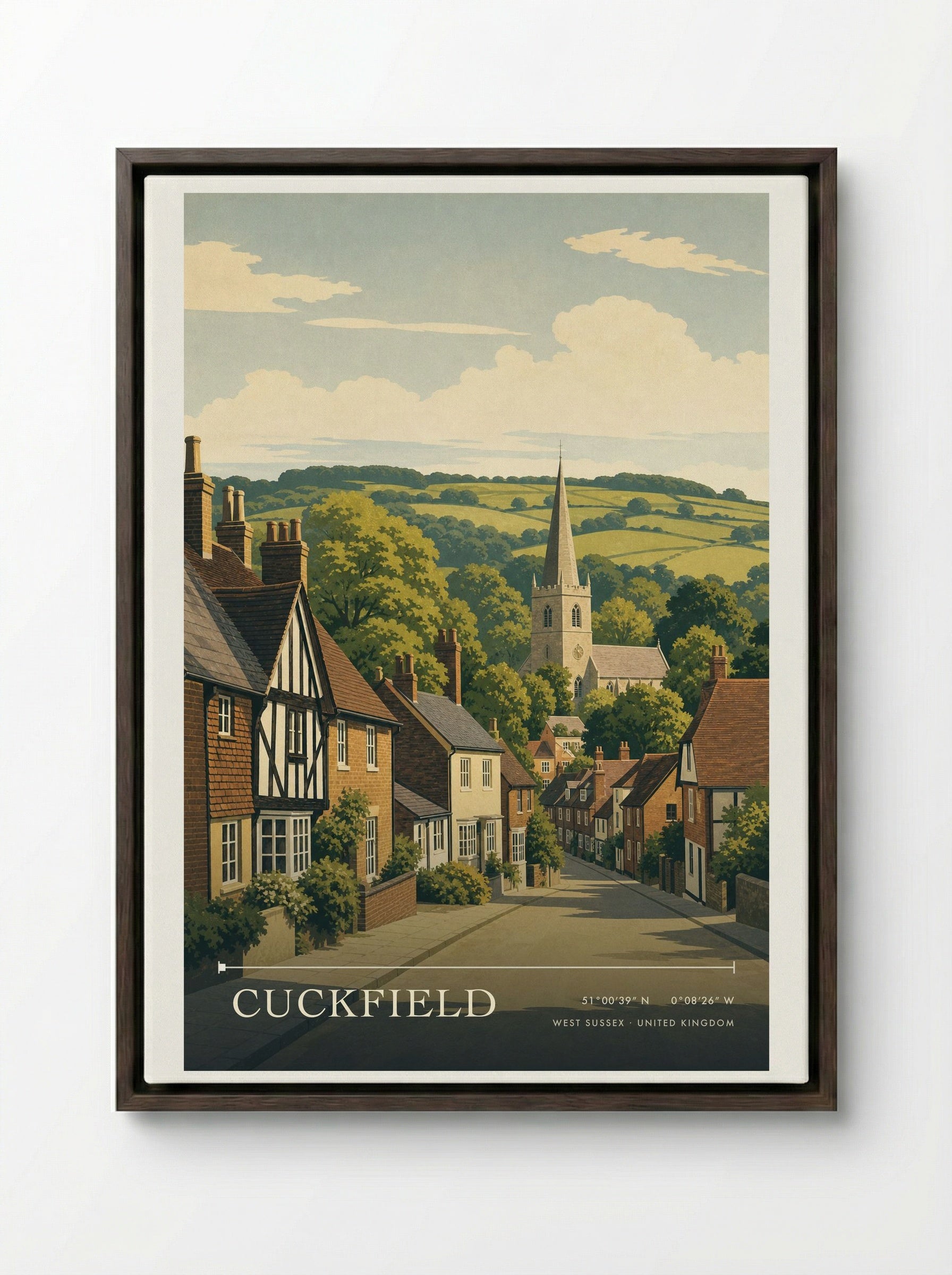 Cuckfield West Sussex United Kingdom Travel Poster - Framed Canvas Dark Wood