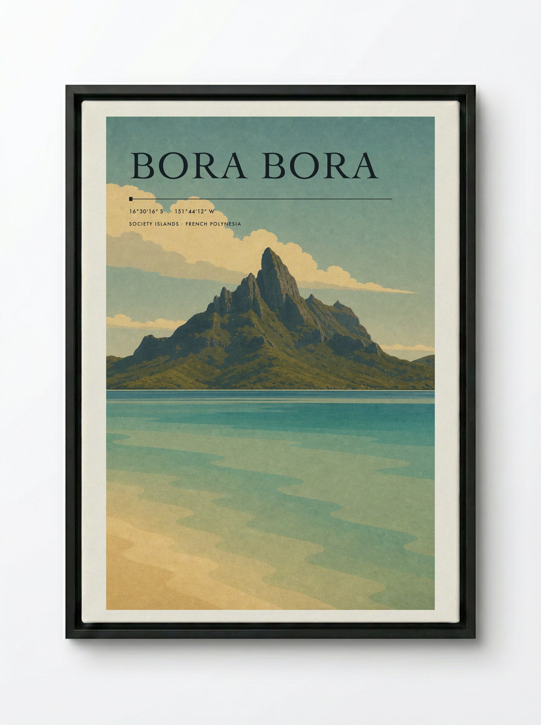 Bora Bora Travel Poster Artwork - Framed Canvas Black