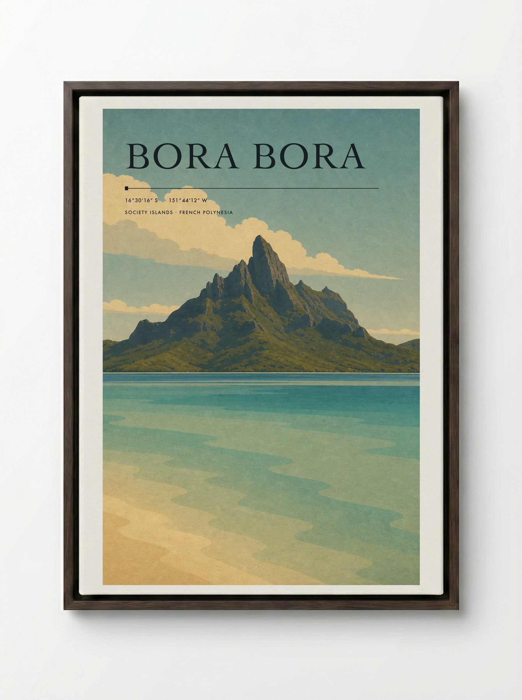 Bora Bora Travel Poster Artwork - Framed Canvas Dark Wood