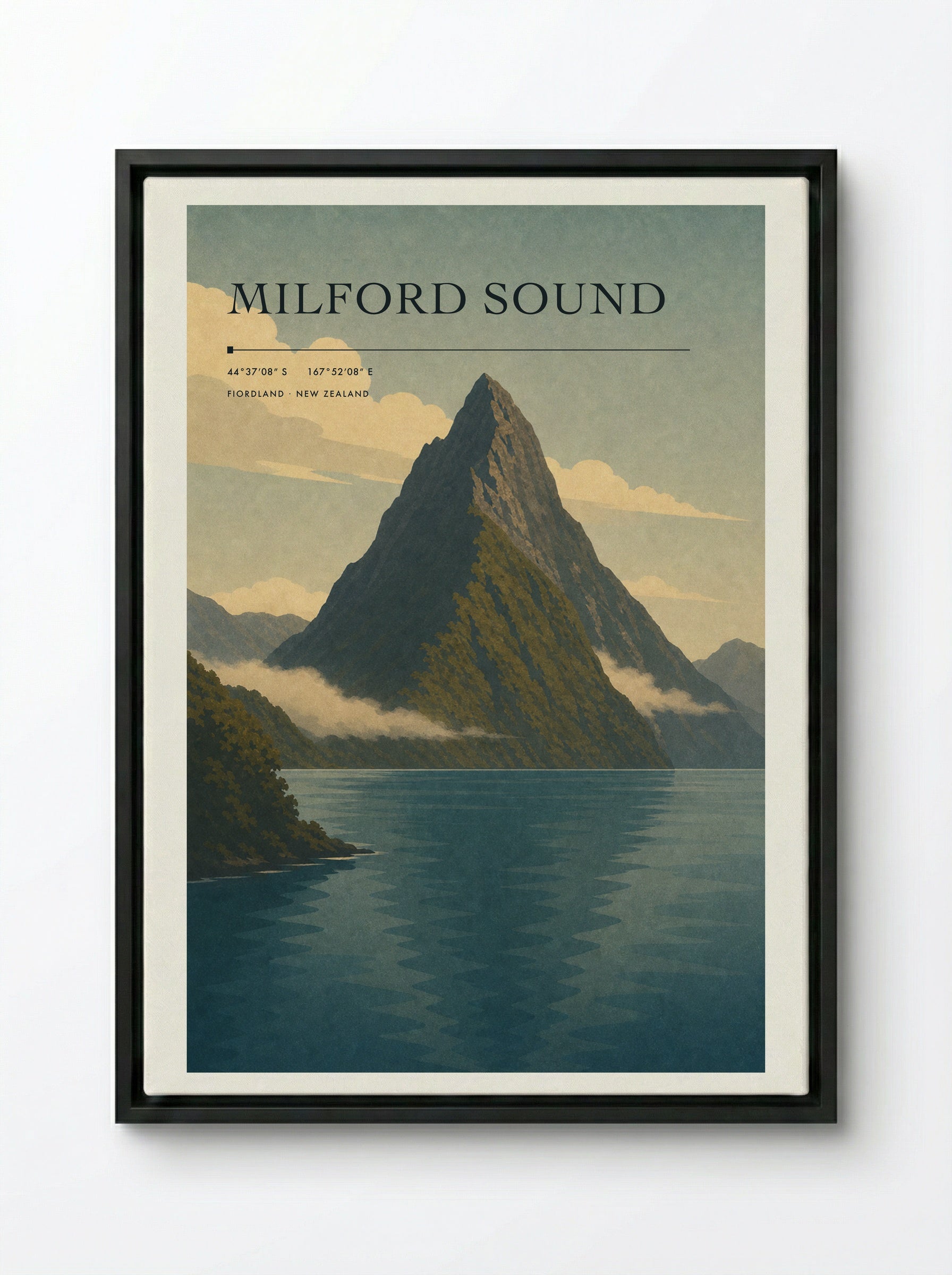 Milford Sound Travel Poster Artwork - Framed Canvas Black