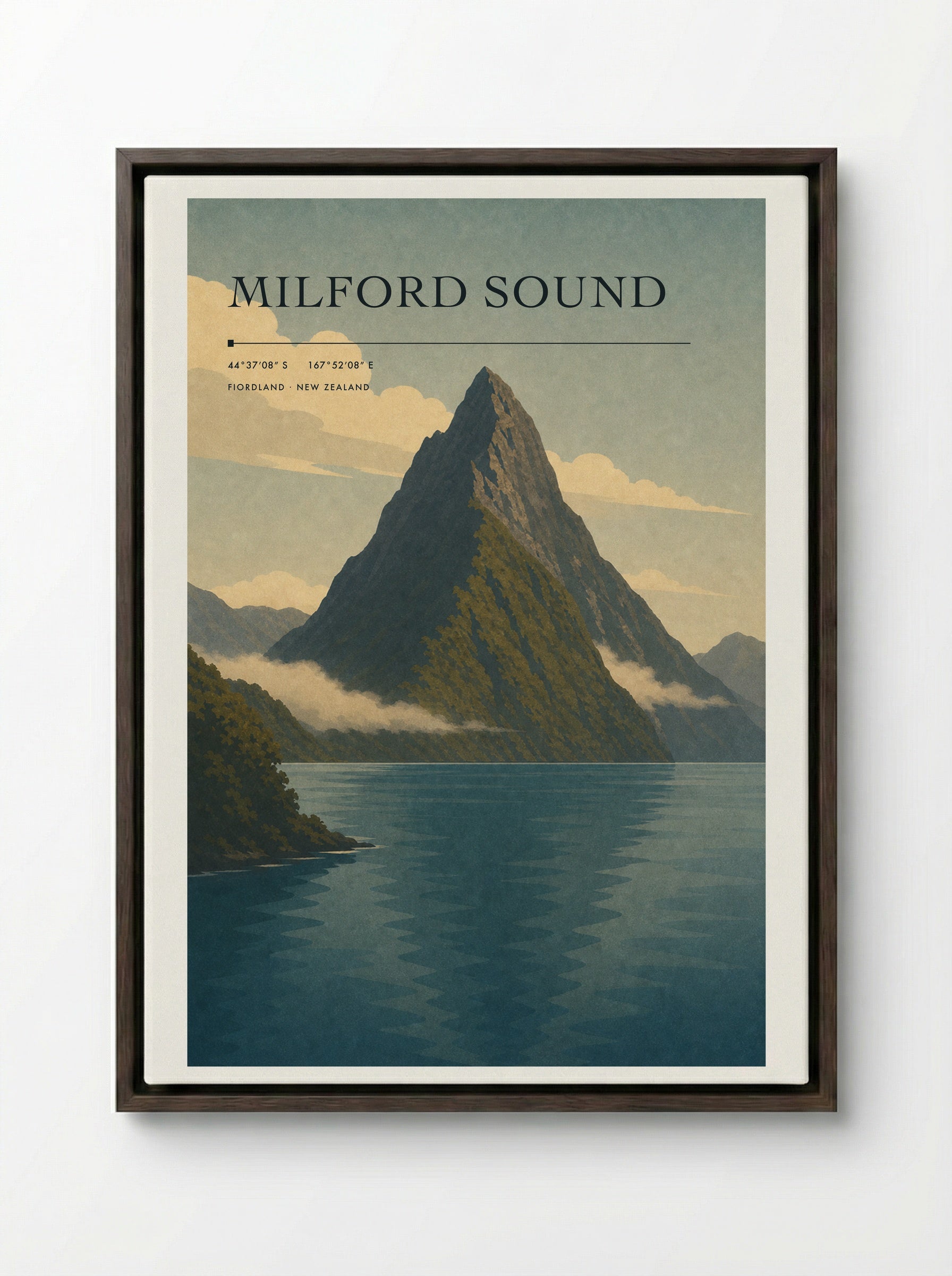 Milford Sound Travel Poster Artwork - Framed Canvas Dark Wood