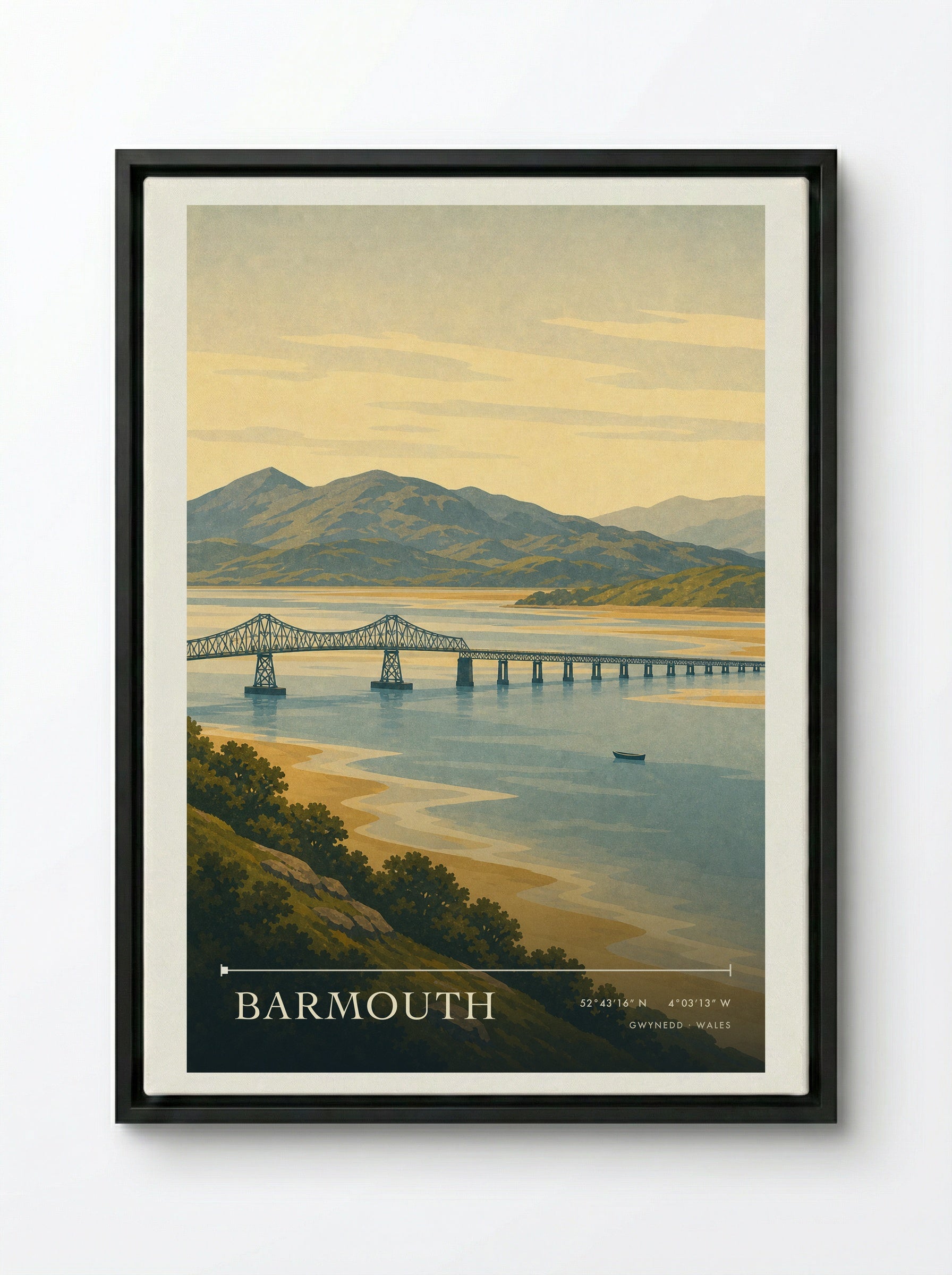 Barmouth Travel Poster Artwork - Framed Canvas Black
