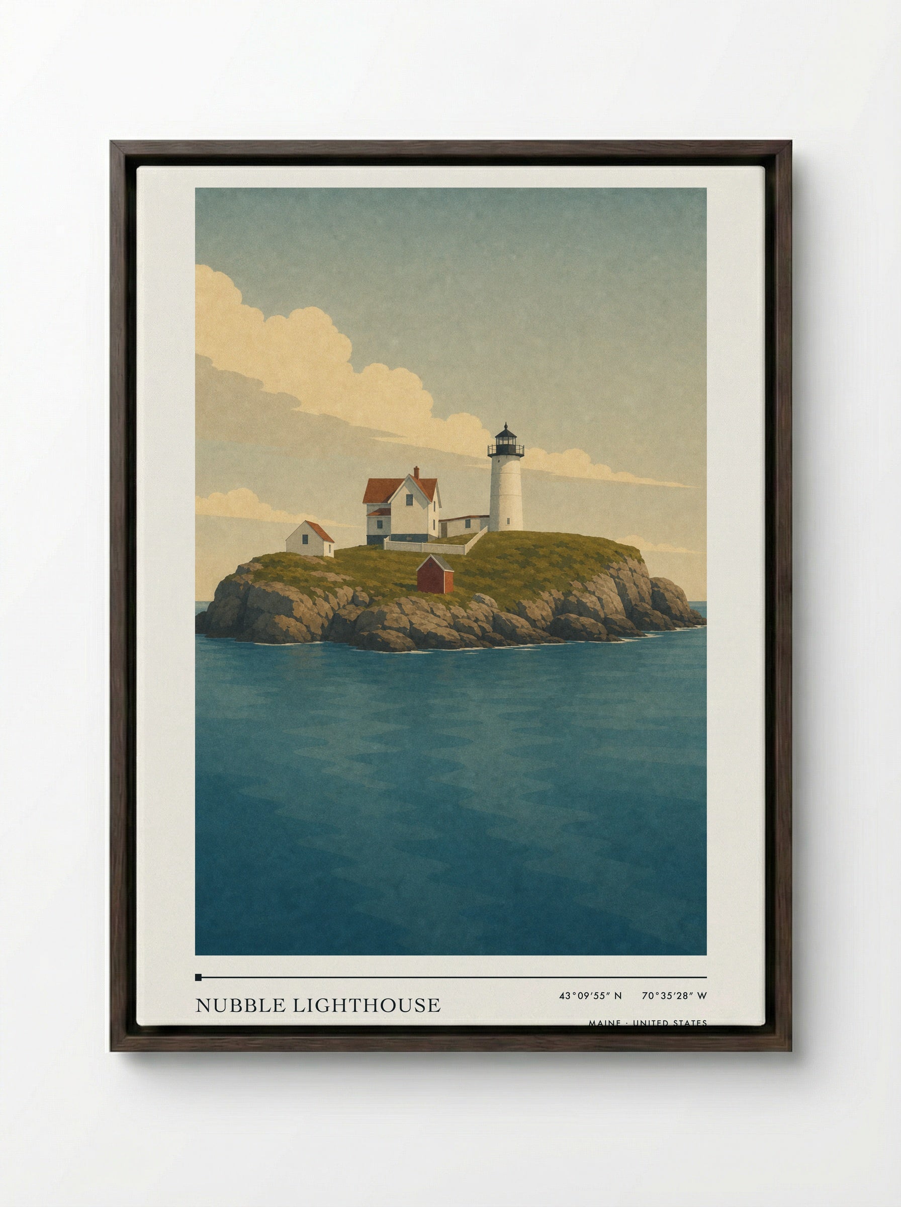 Nubble Lighthouse Travel Poster Artwork - Framed Canvas Dark Wood