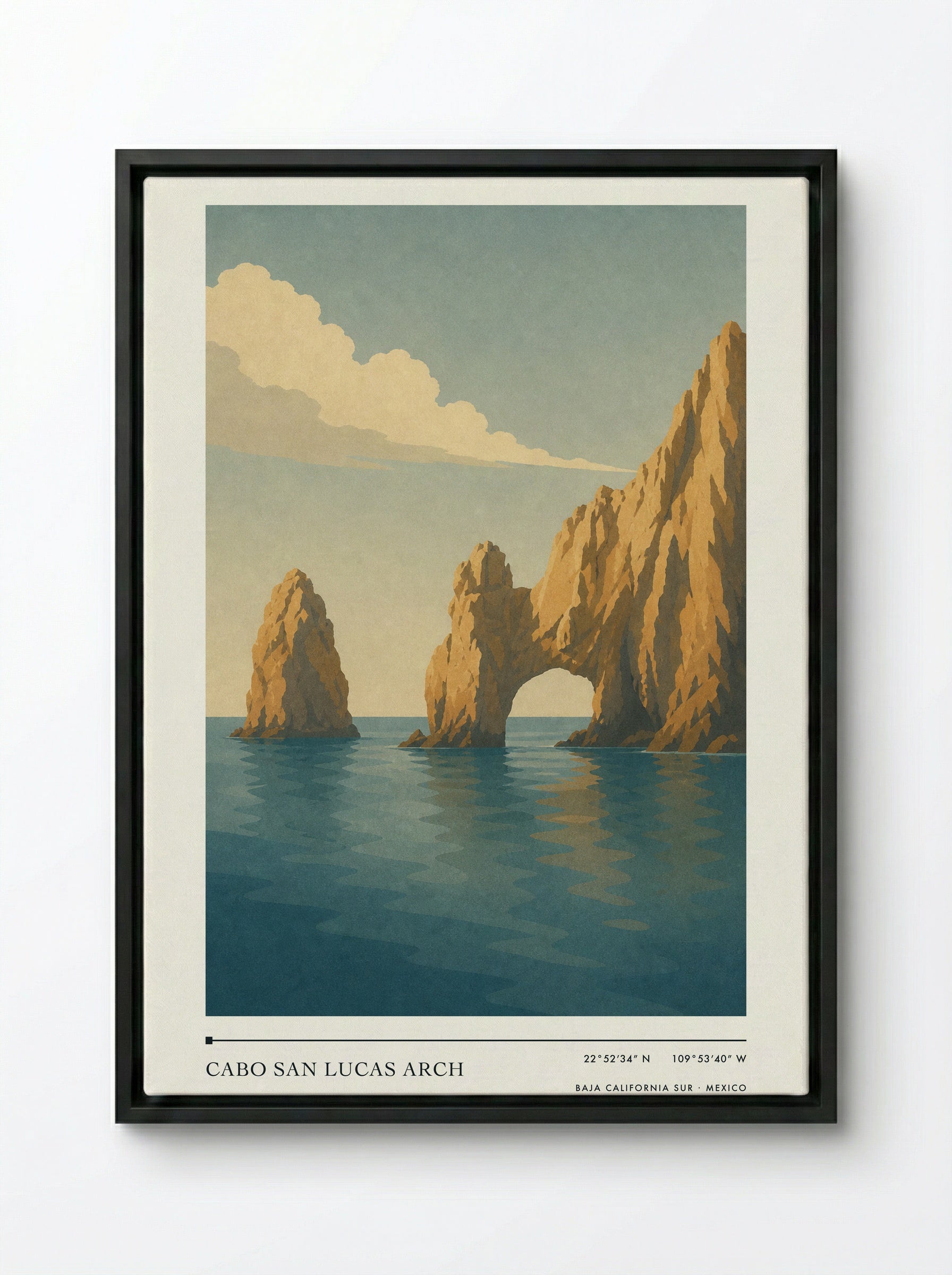 Cabo San Lucas Arch Travel Poster Artwork - Framed Canvas Black