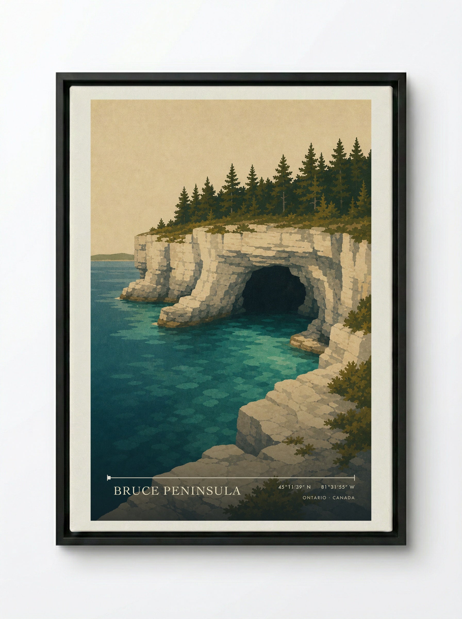 Bruce Peninsula Travel Poster - Framed Canvas Black