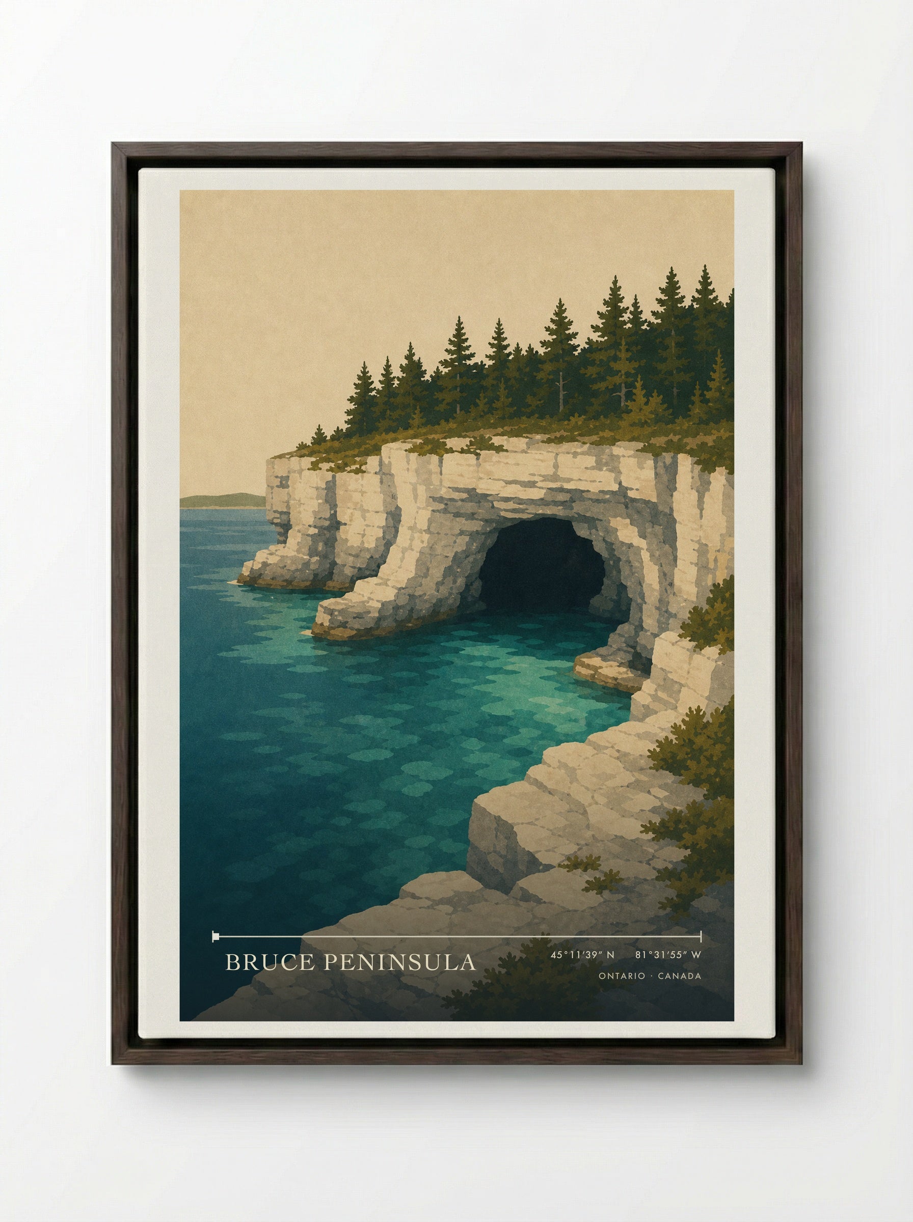 Bruce Peninsula Travel Poster - Framed Canvas Dark Wood
