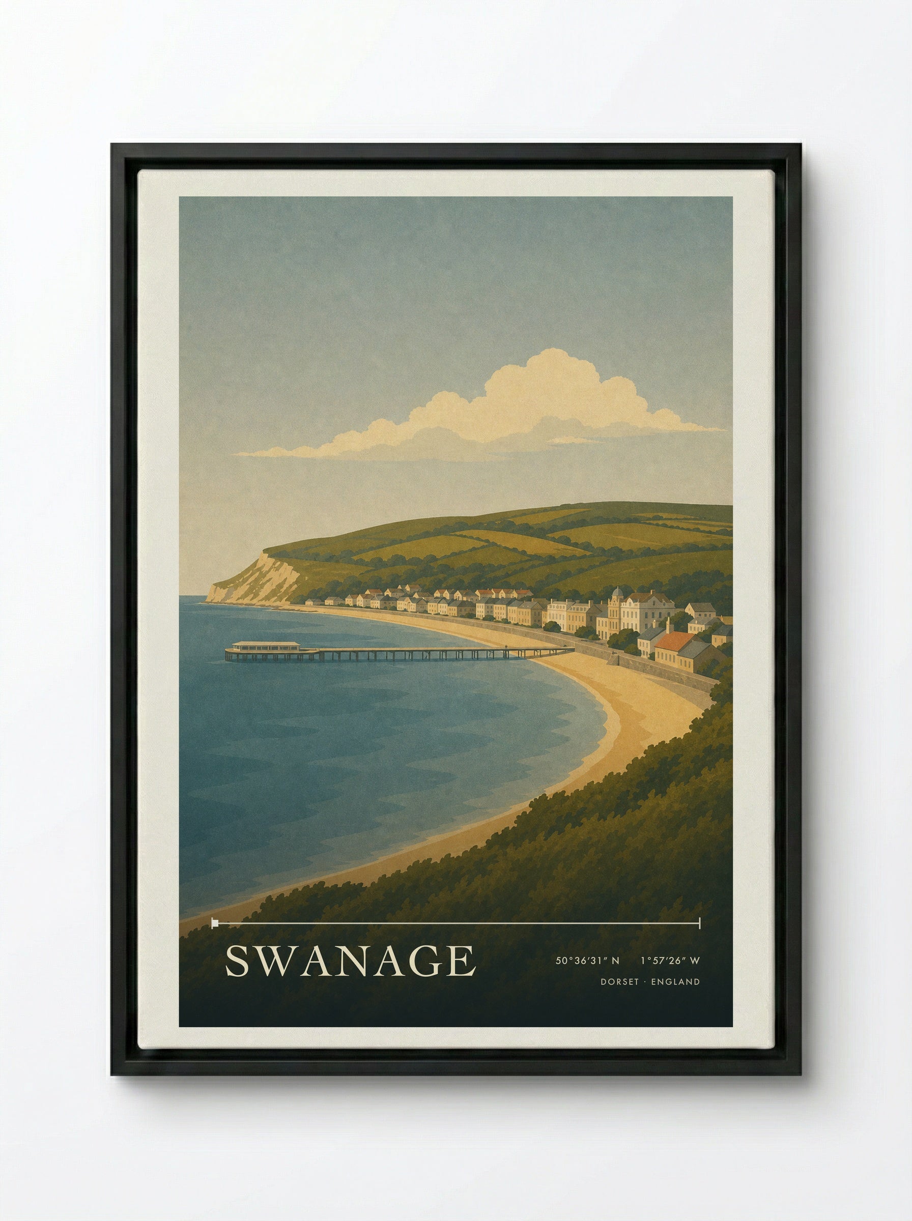 Swanage Dorset Travel Poster - Framed Canvas Black