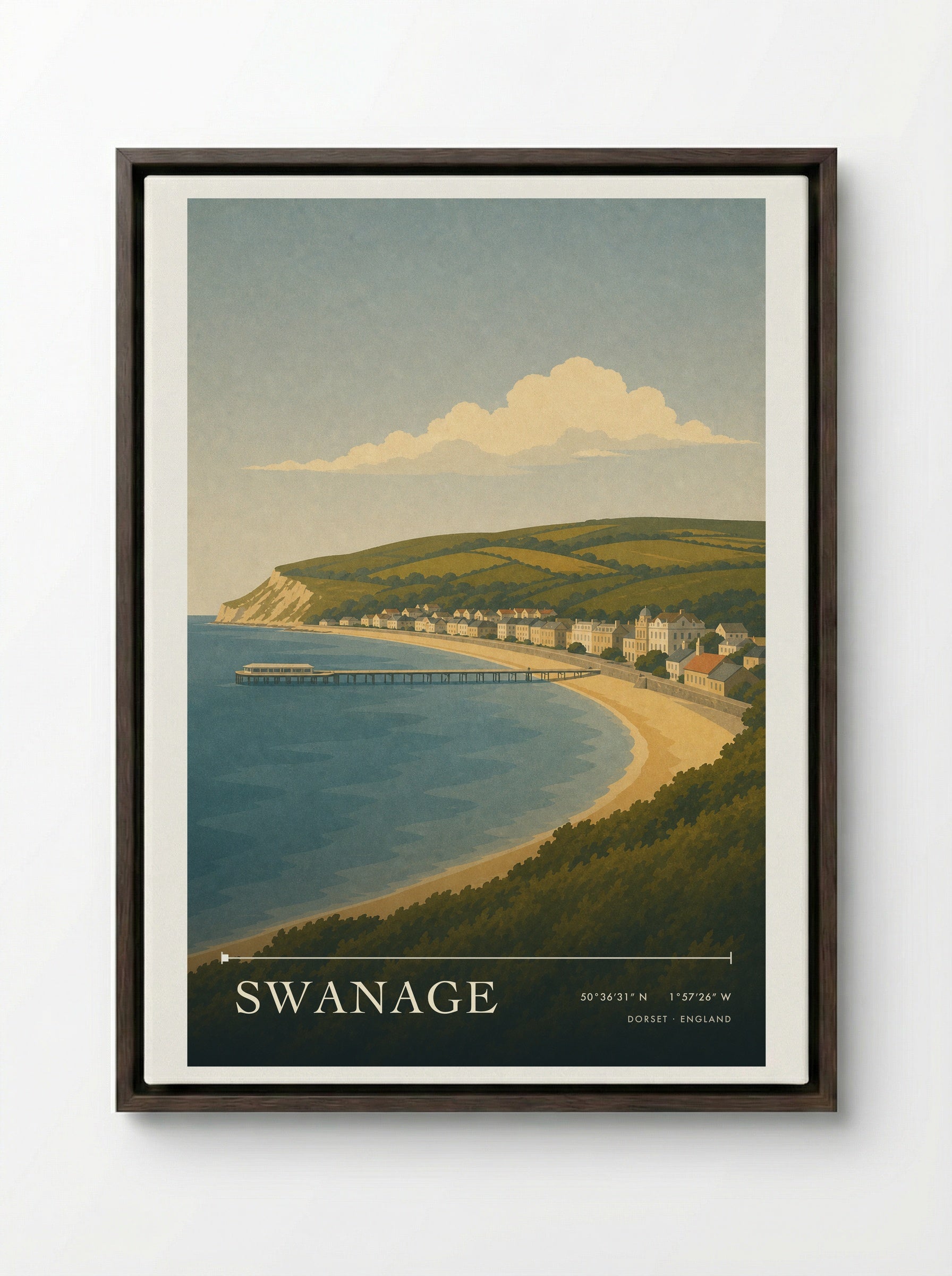 Swanage Dorset Travel Poster - Framed Canvas Dark Wood
