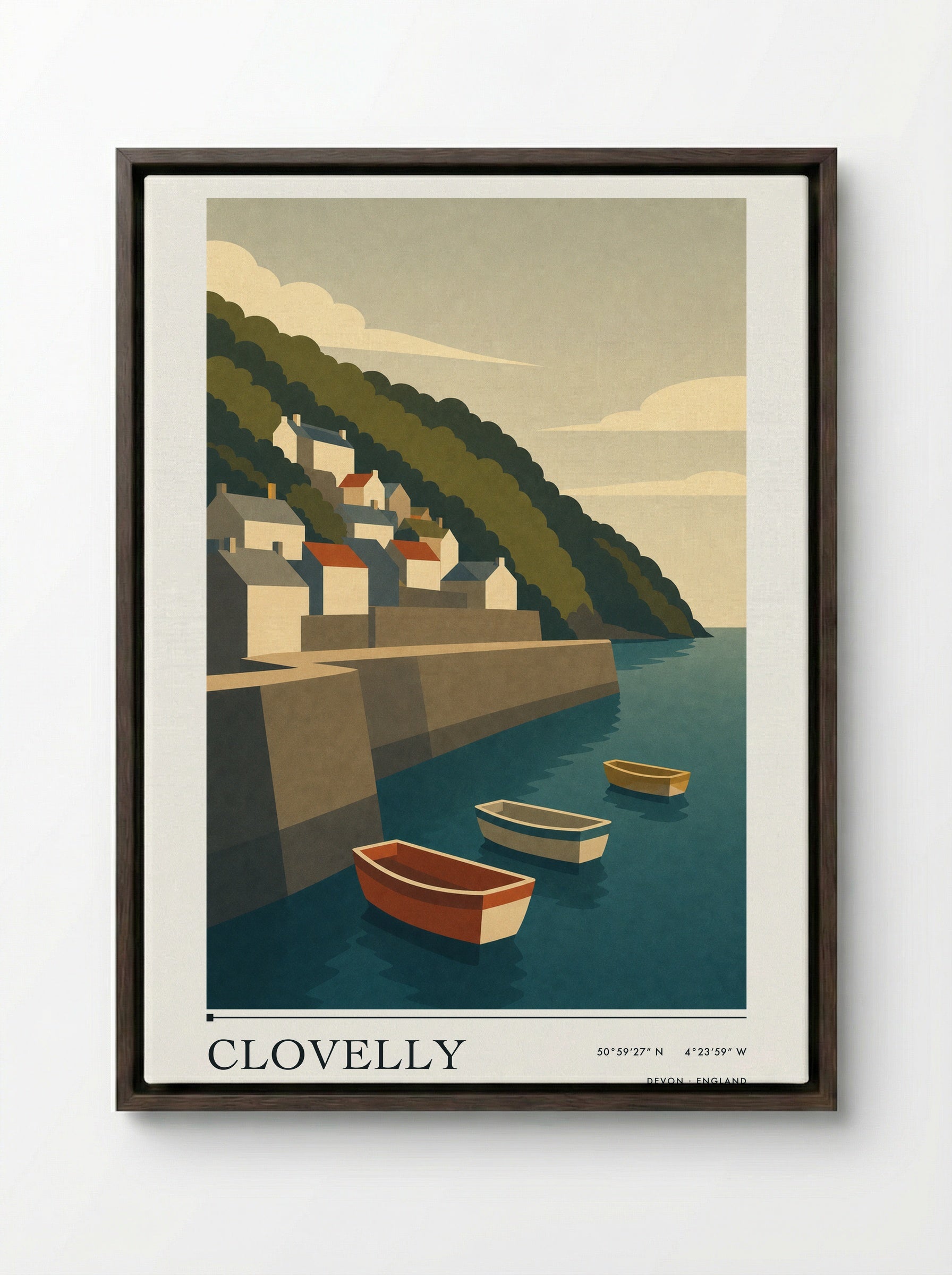 Clovelly Devon Travel Poster - Framed Canvas Dark Wood