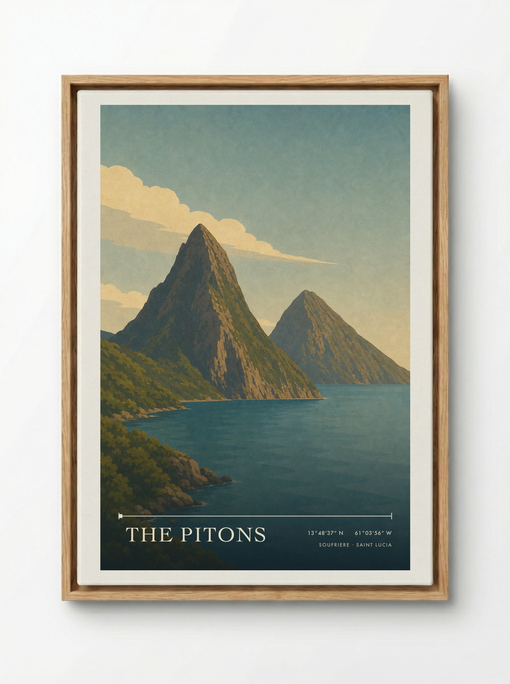 The Pitons Travel Poster Artwork - Framed Canvas Wood