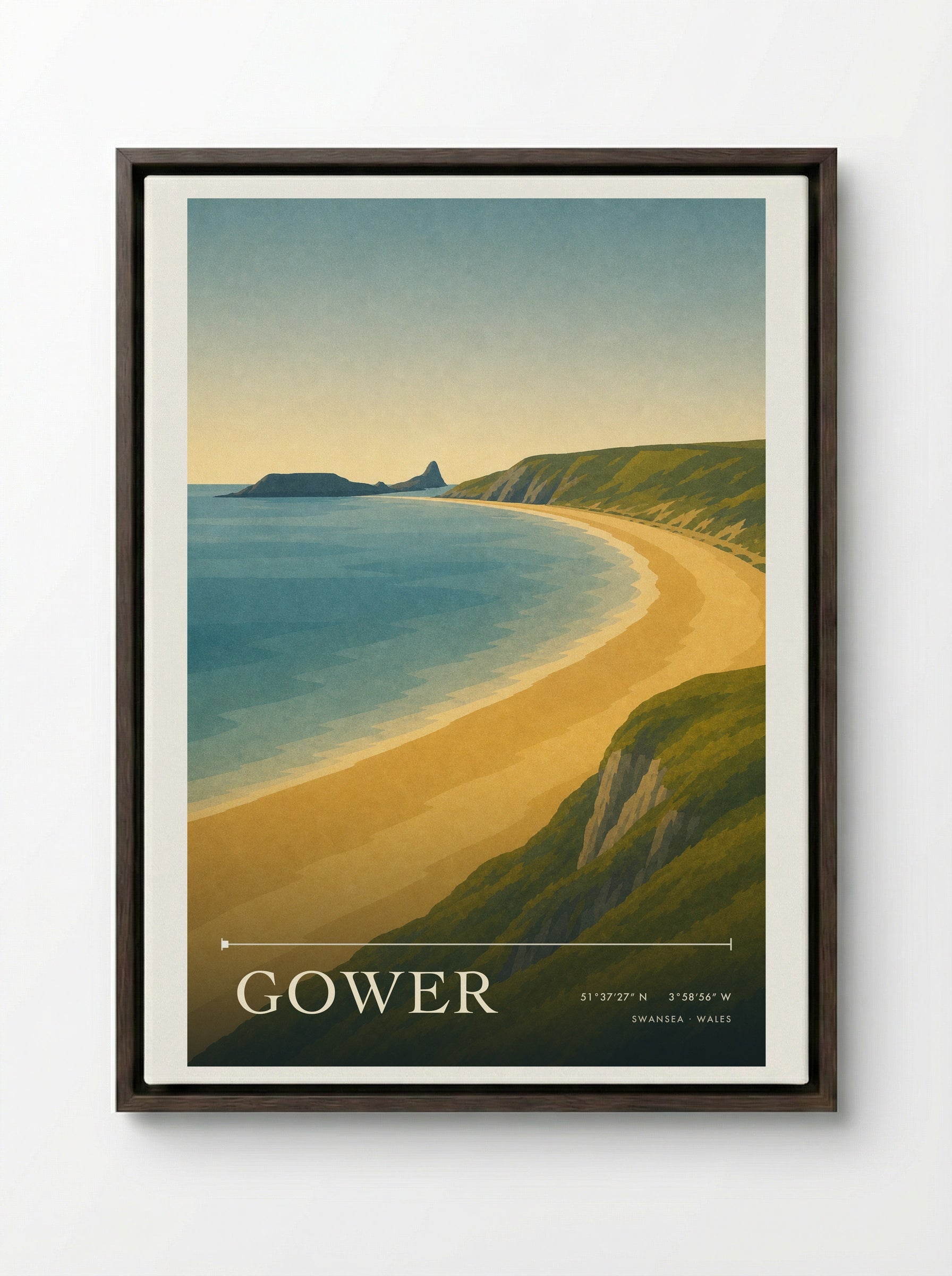 Gower Travel Poster - Framed Canvas Dark Wood