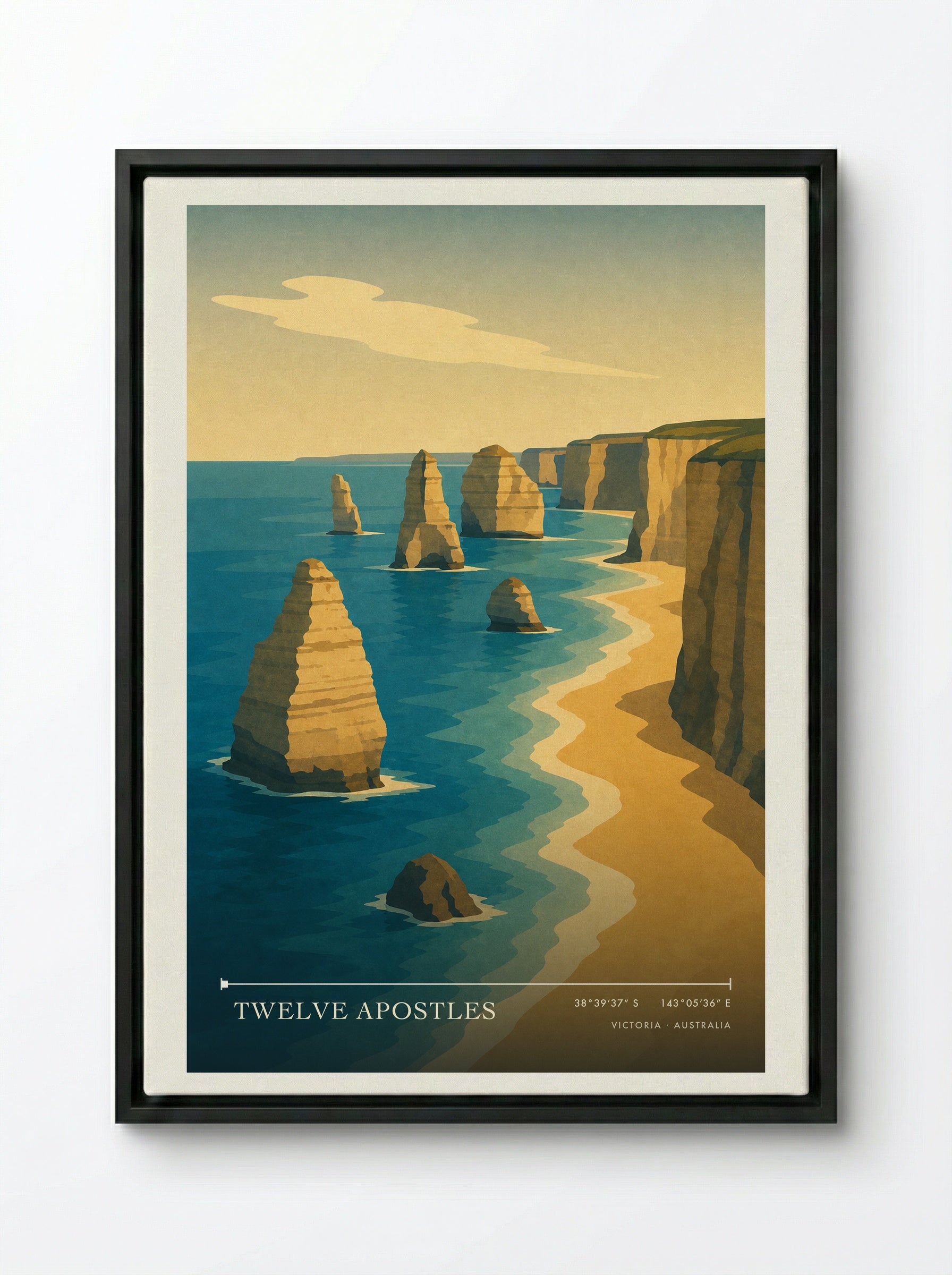 Twelve Apostles Travel Poster Artwork - Framed Canvas Black