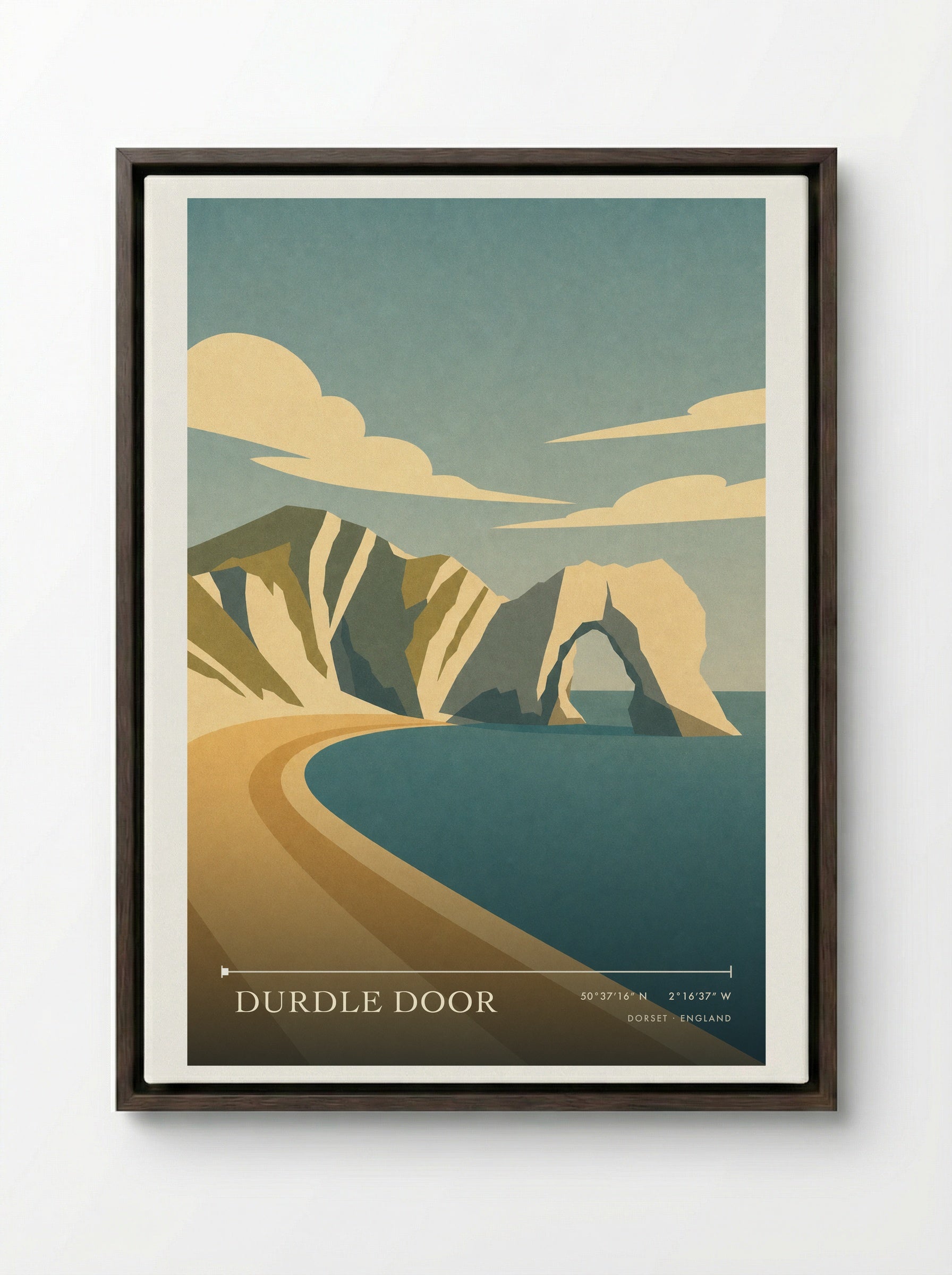 Durdle Door Dorset Travel Poster - Framed Canvas Dark Wood