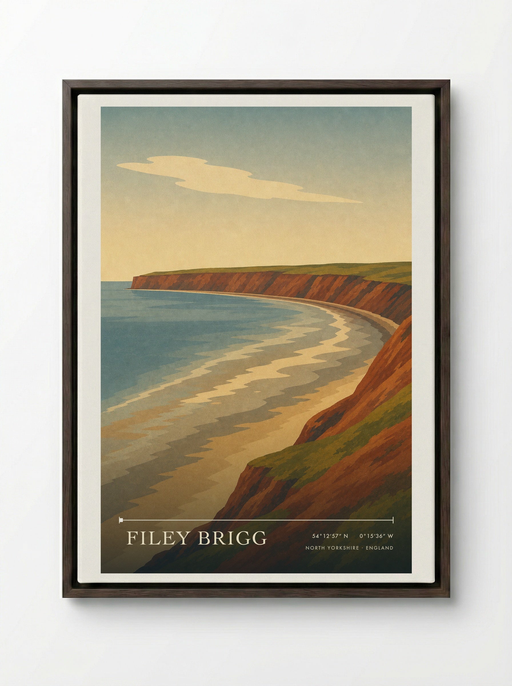 Filey Brigg Travel Poster Artwork - Framed Canvas Dark Wood