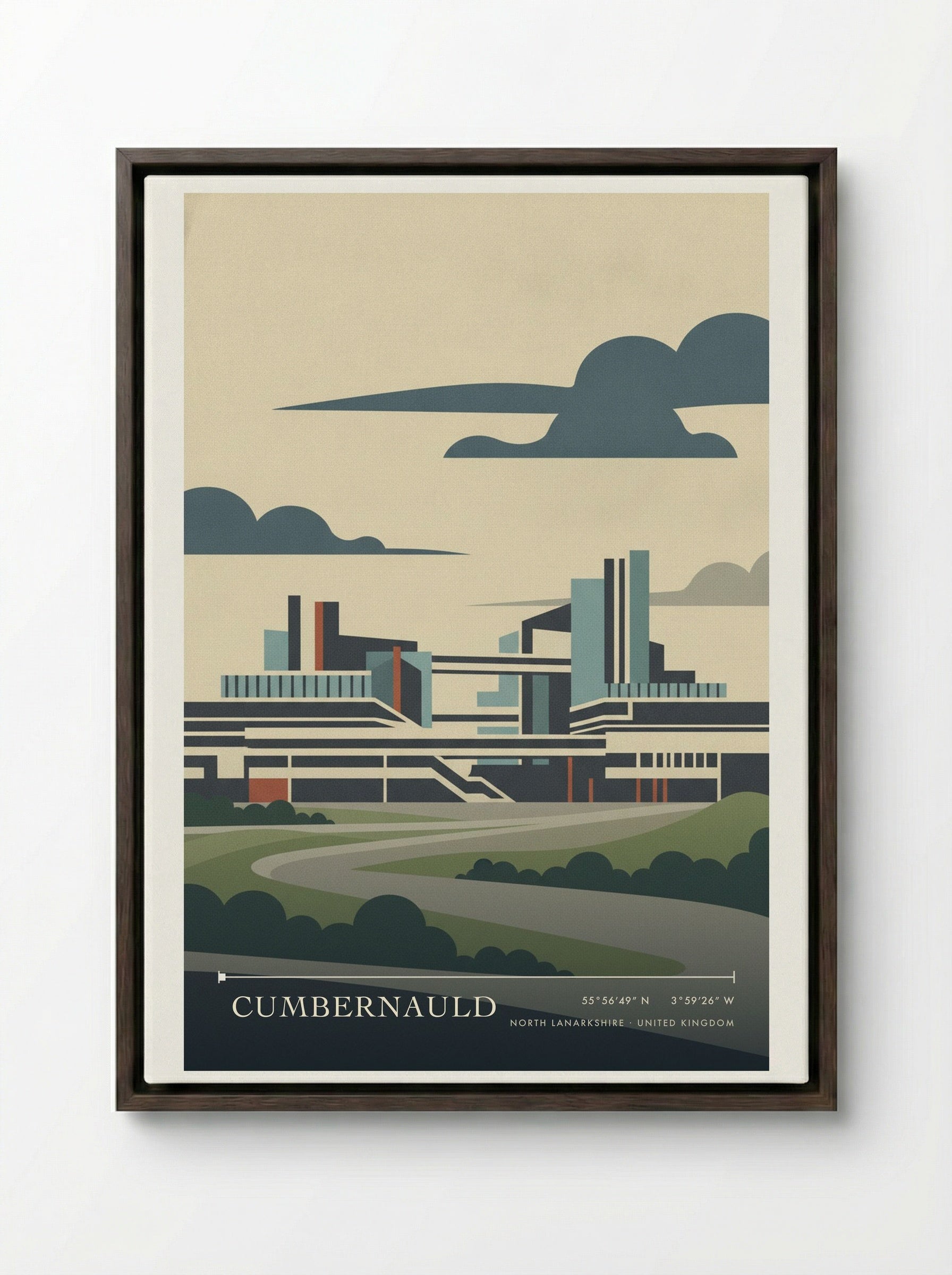 Cumbernauld North Lanarkshire United Kingdom Travel Poster - Framed Canvas Dark Wood