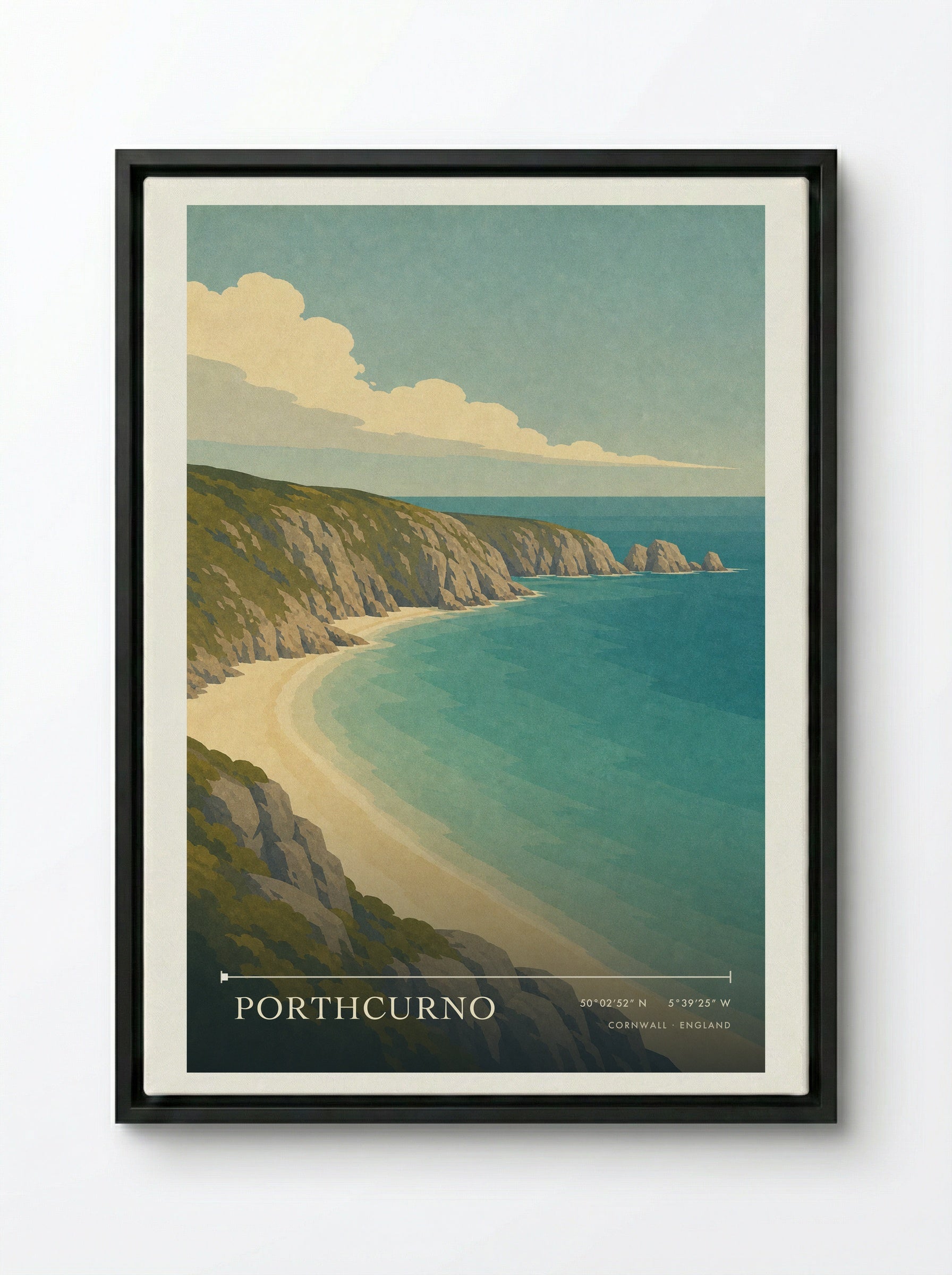 Porthcurno Travel Poster Artwork - Framed Canvas Black