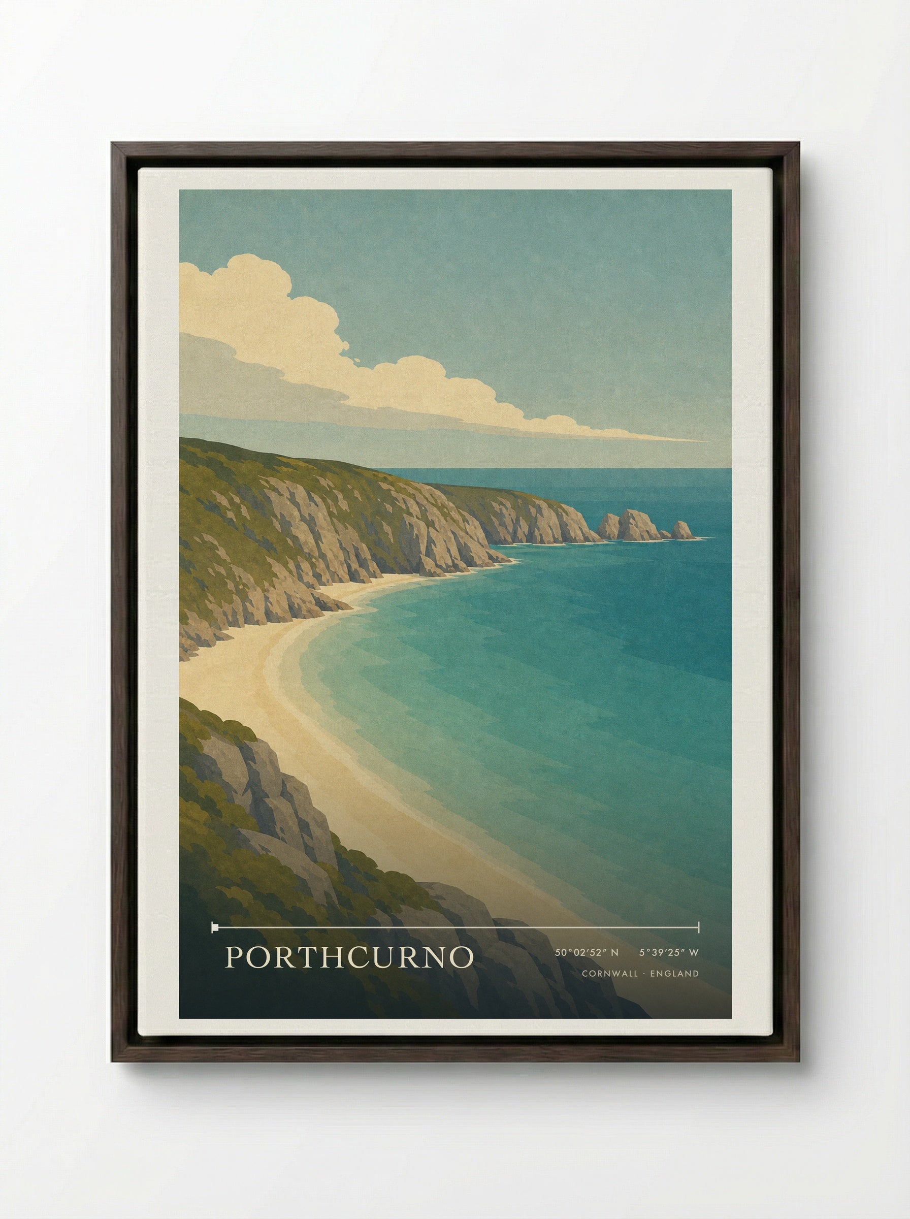 Porthcurno Travel Poster Artwork - Framed Canvas Dark Wood