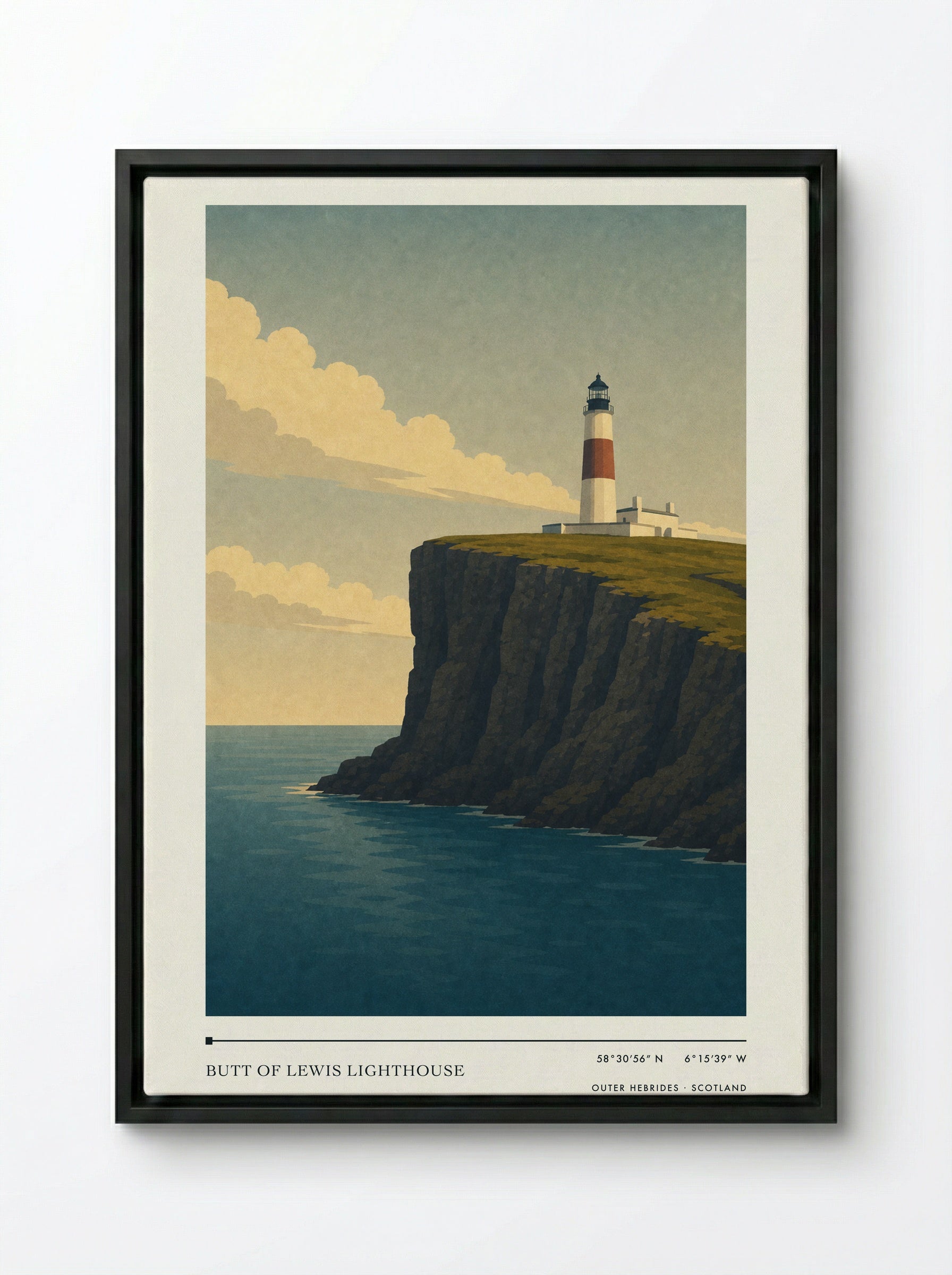 Butt of Lewis Lighthouse Travel Poster Artwork - Framed Canvas Black