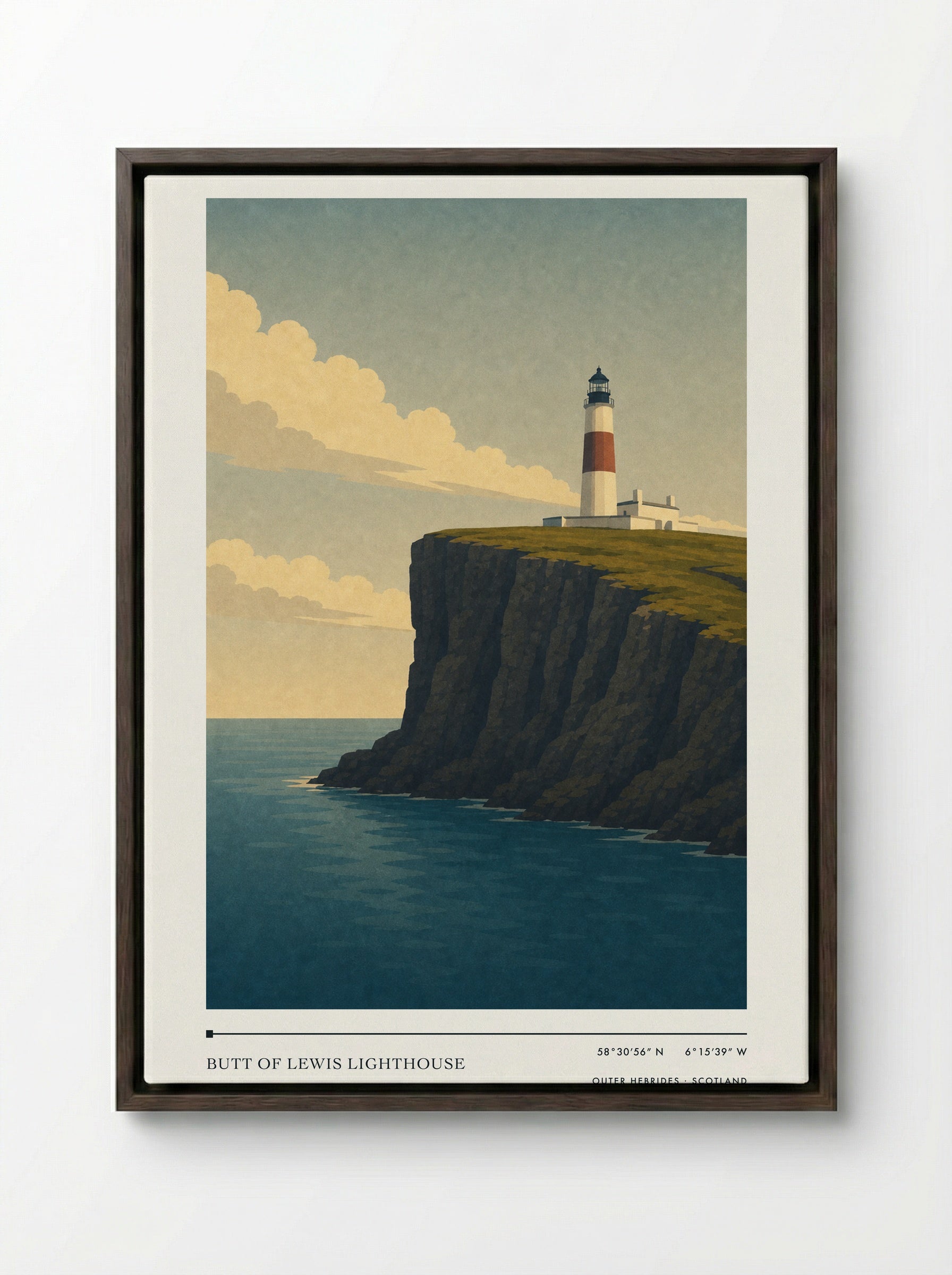 Butt of Lewis Lighthouse Travel Poster Artwork - Framed Canvas Dark Wood