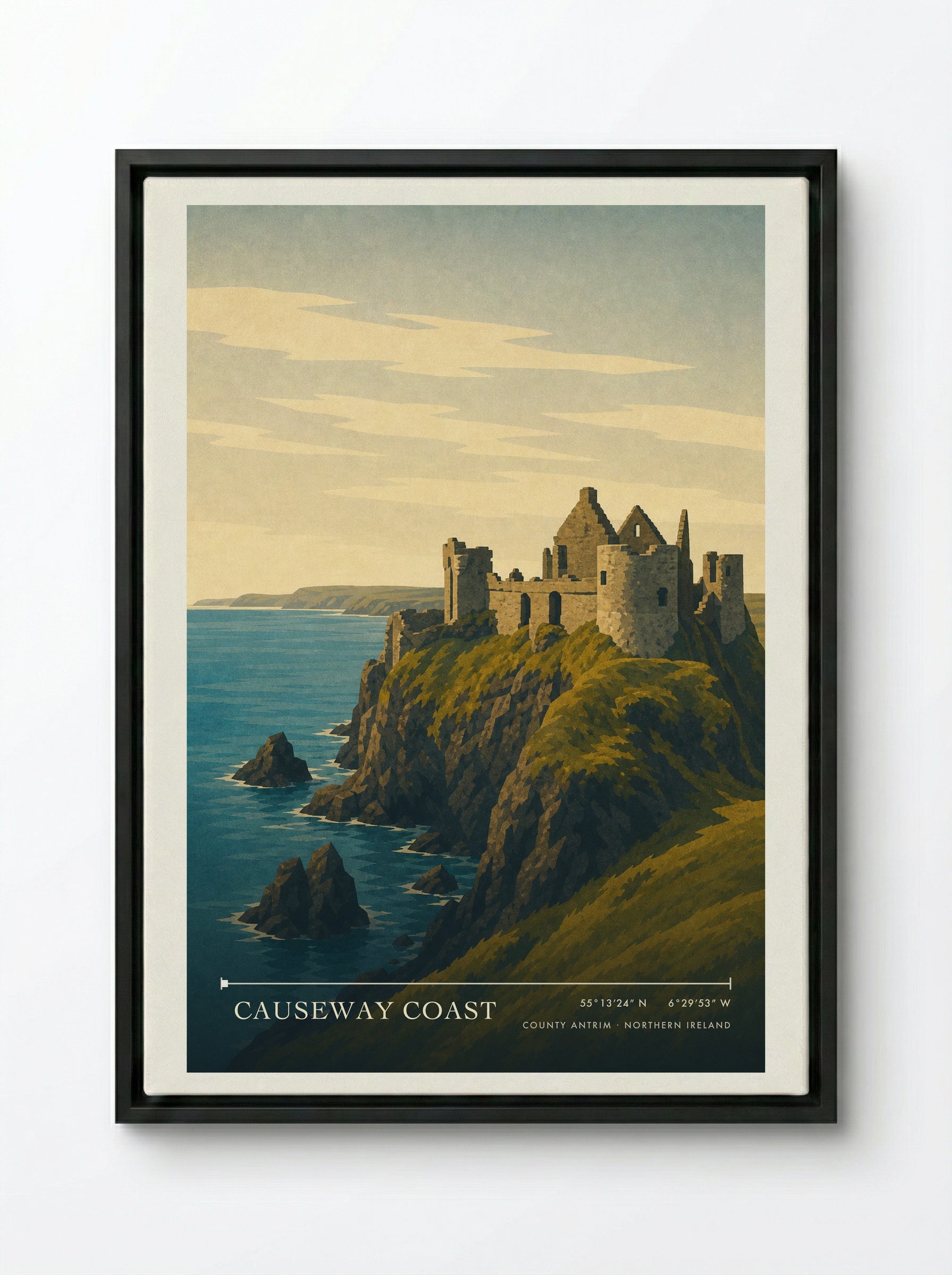 Causeway Coast Travel Poster Artwork - Framed Canvas Black
