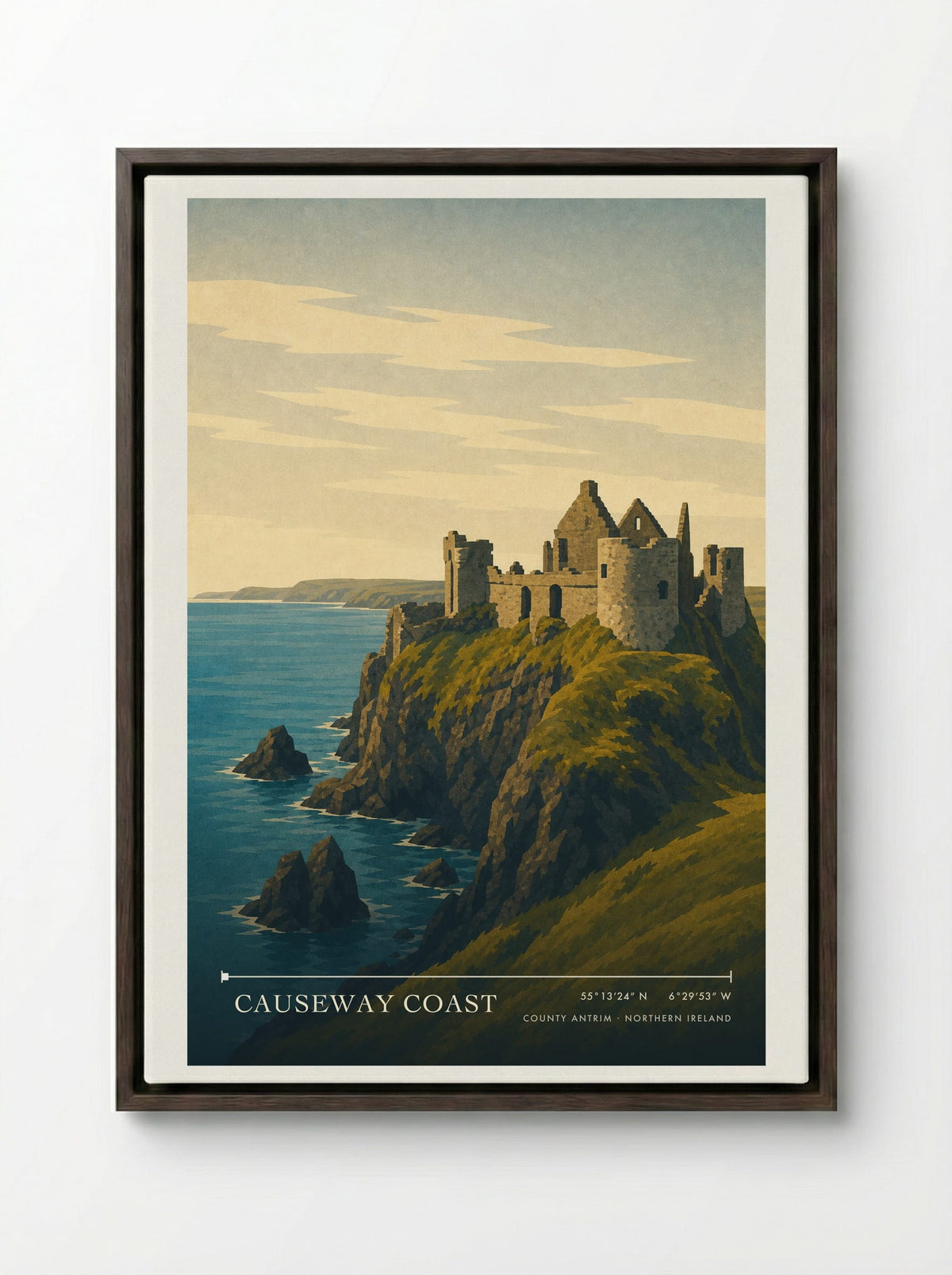 Causeway Coast Travel Poster Artwork - Framed Canvas Dark Wood
