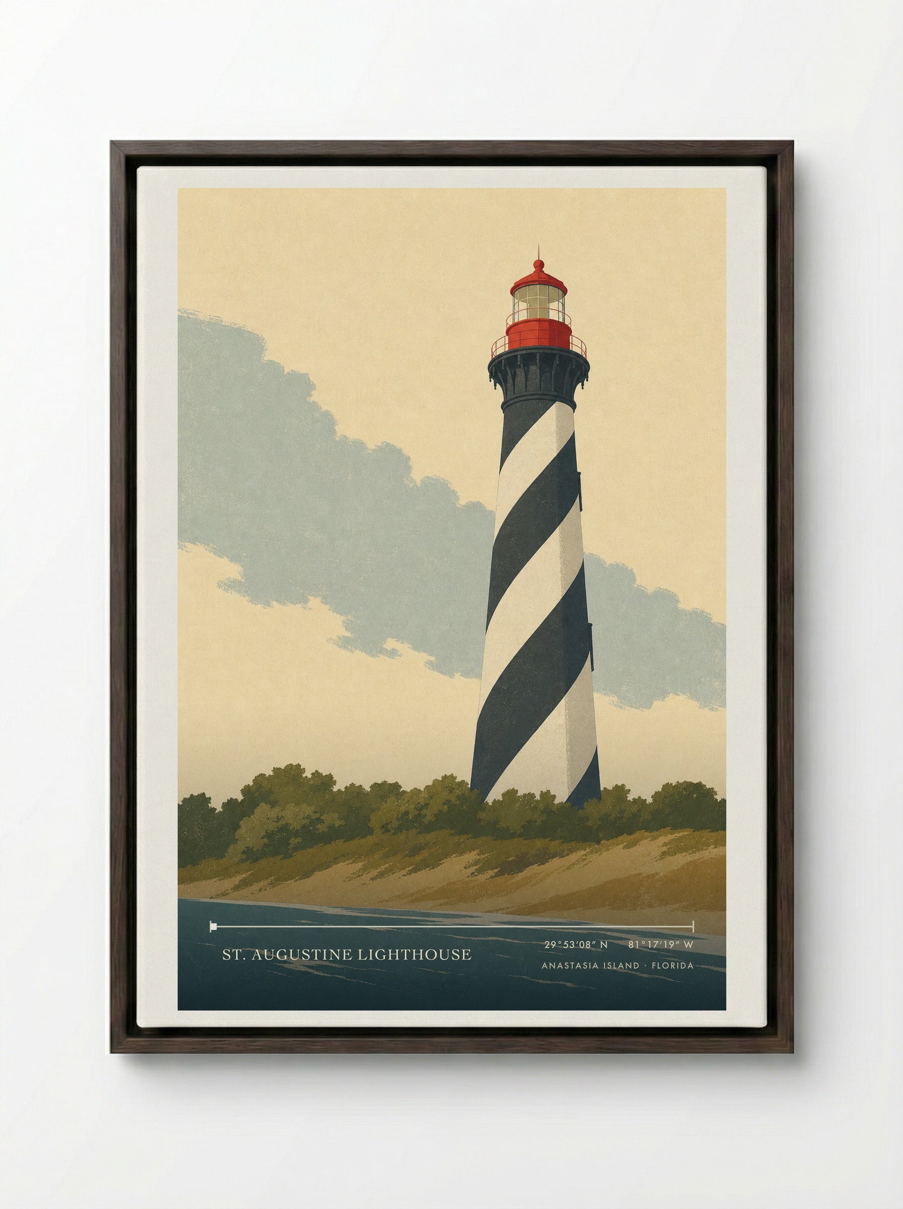 St. Augustine Lighthouse Travel Poster Artwork - Framed Canvas Dark Wood