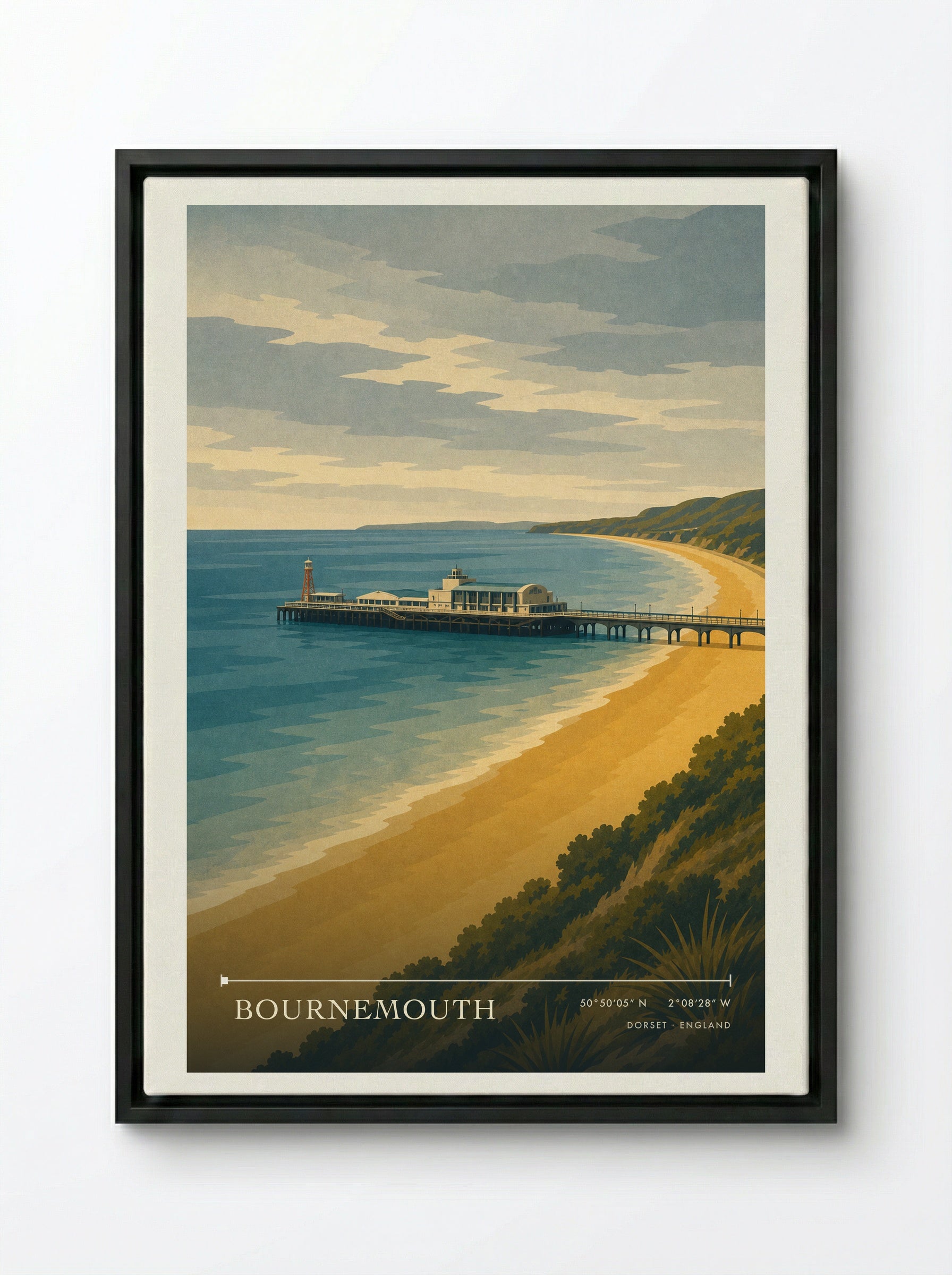 Bournemouth Travel Poster Artwork - Framed Canvas Black