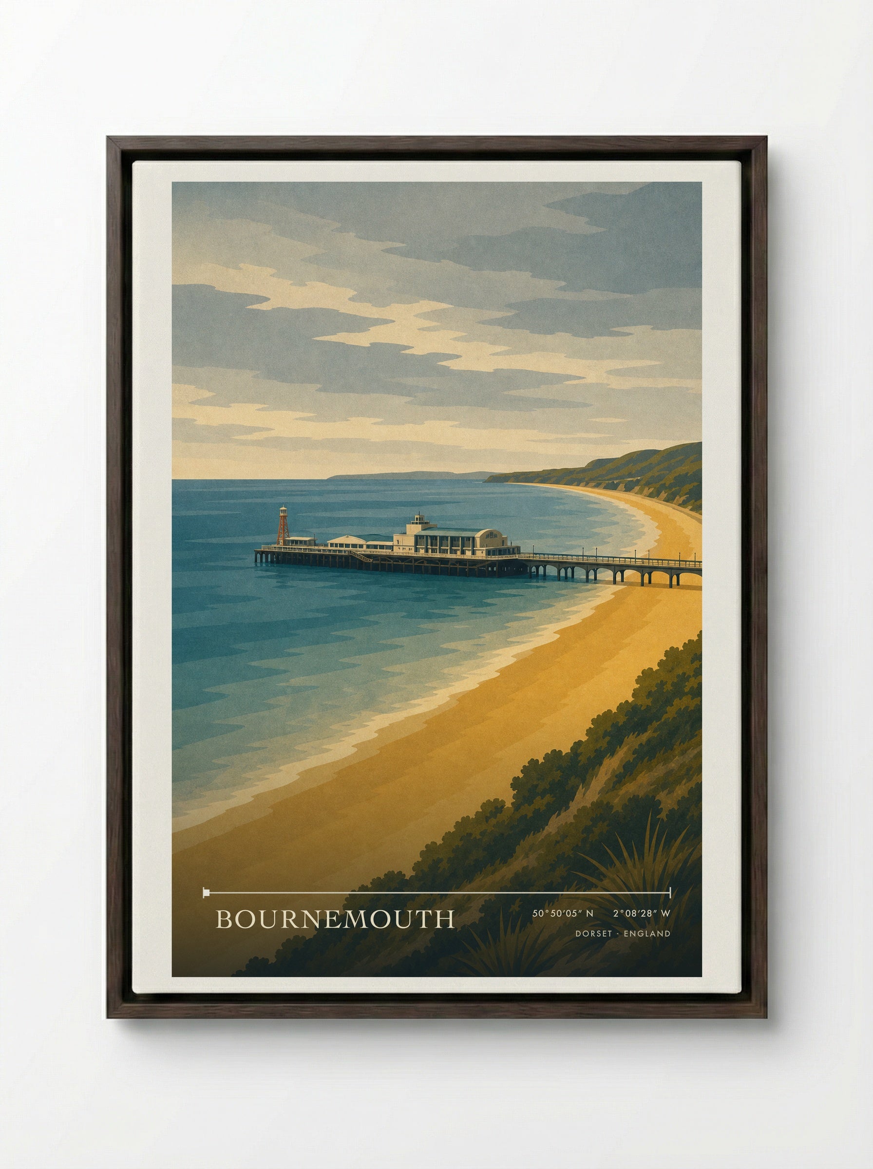 Bournemouth Travel Poster Artwork - Framed Canvas Dark Wood