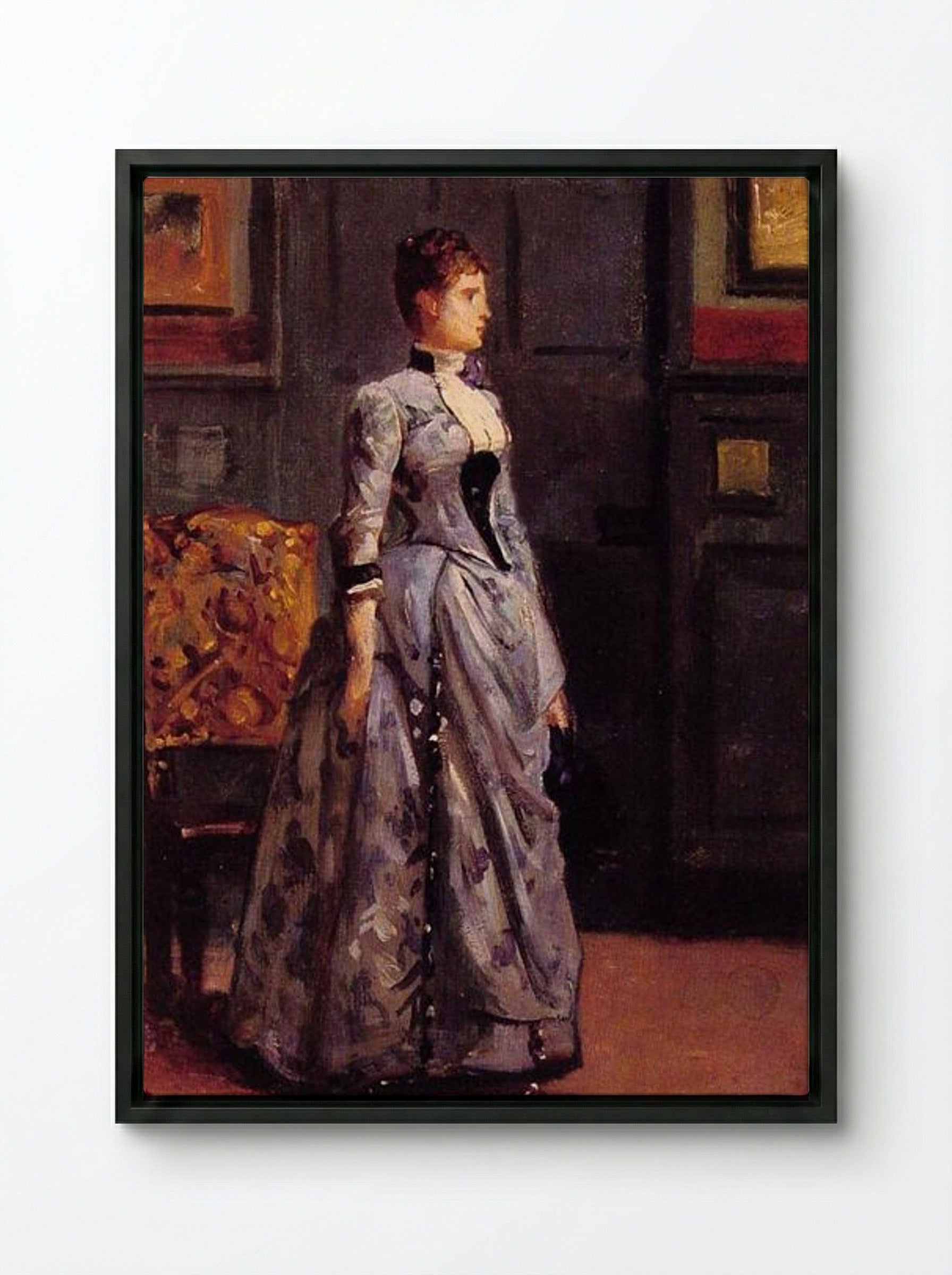 Portrait of a Woman in Blue - Alfred Stevens - Framed Canvas Black