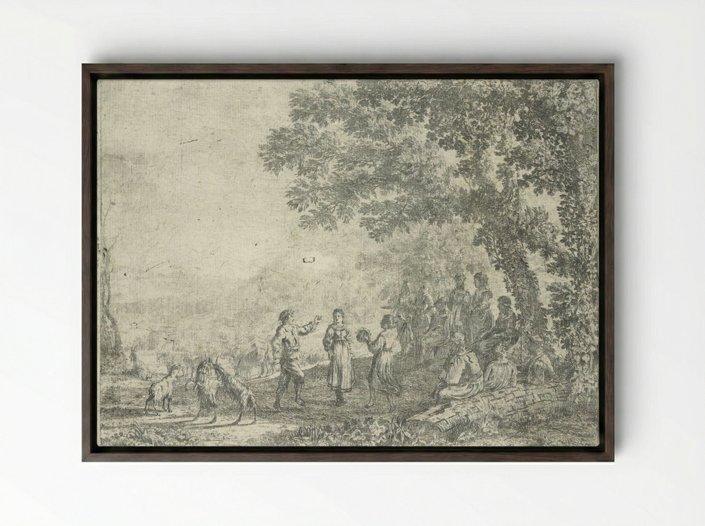 Landscape with a Country Dance, large plate - Claude Lorrain - Framed Canvas Dark Wood