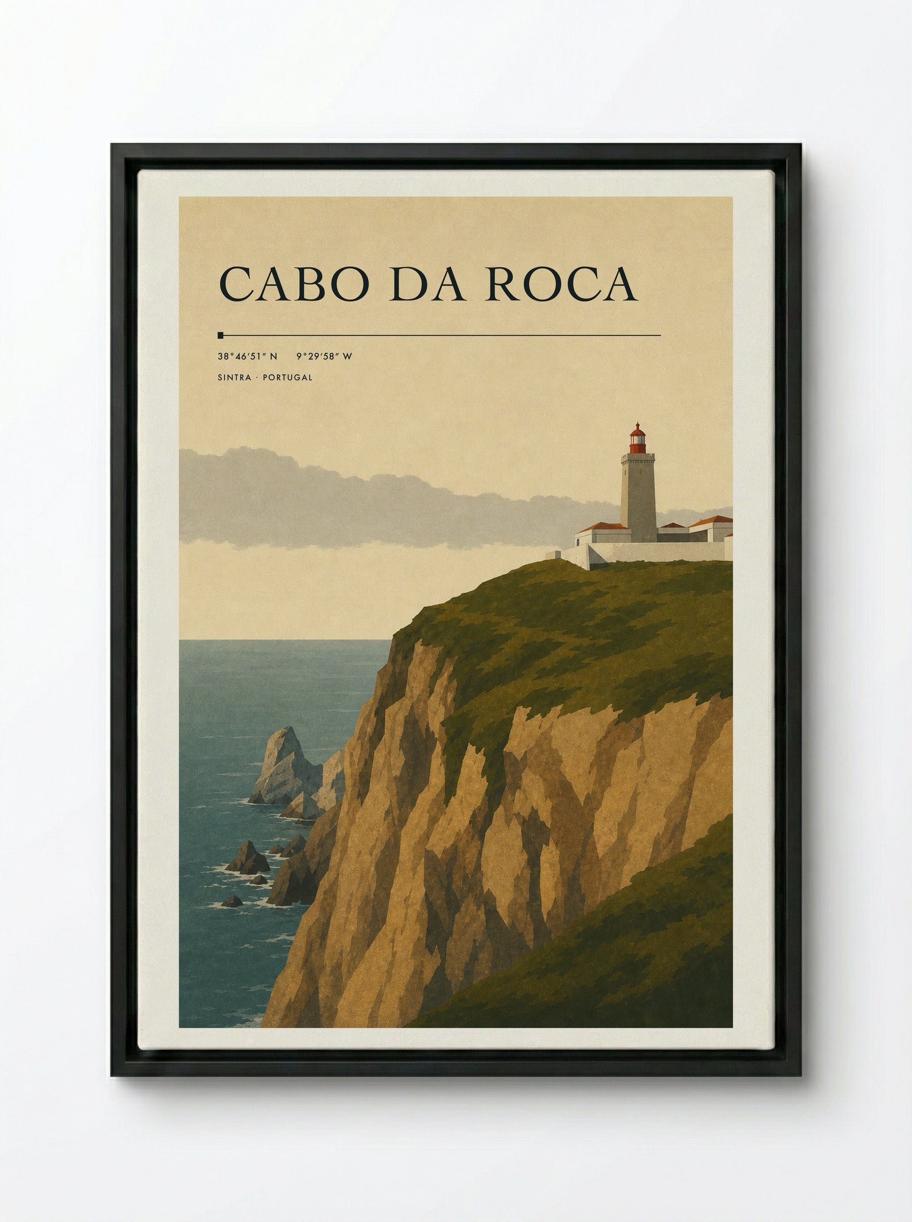 Cabo da Roca Travel Poster Artwork - Framed Canvas Black
