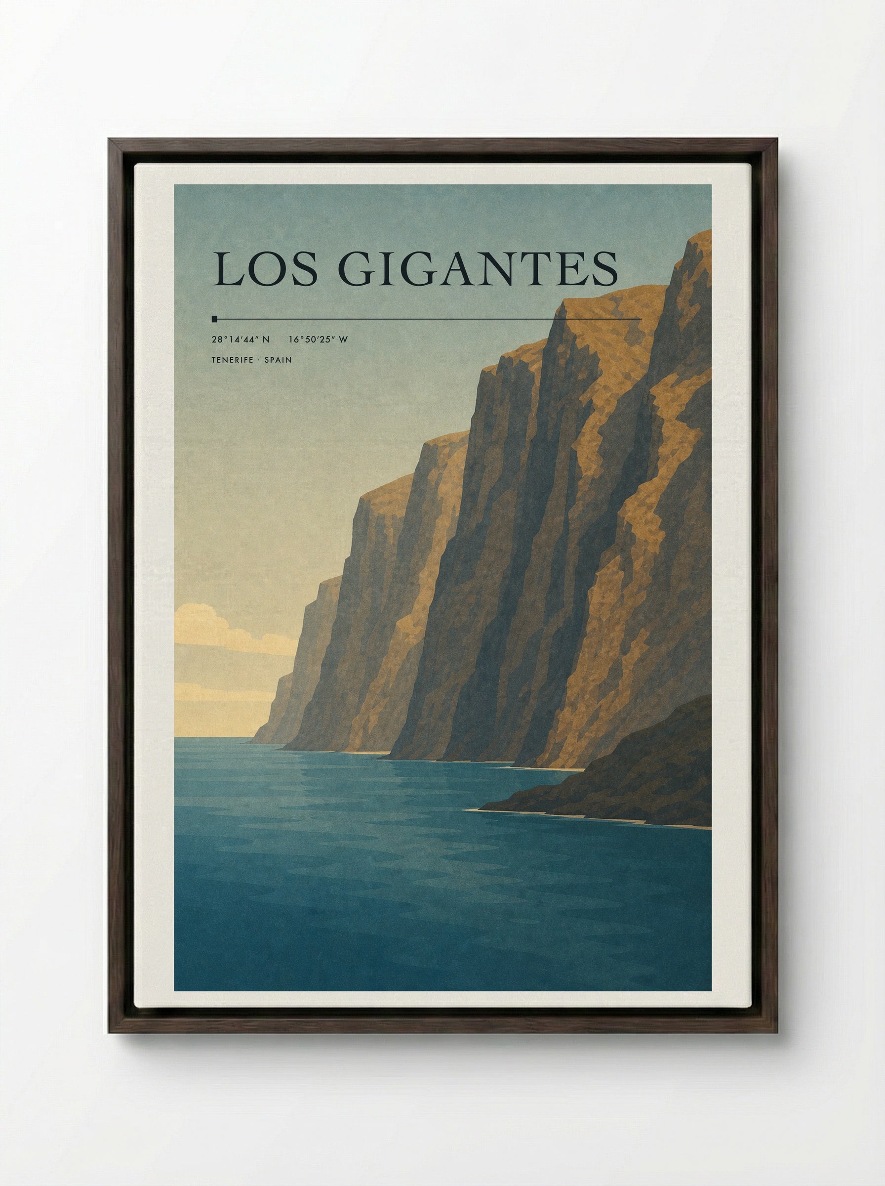 Los Gigantes Travel Poster Artwork - Framed Canvas Dark Wood