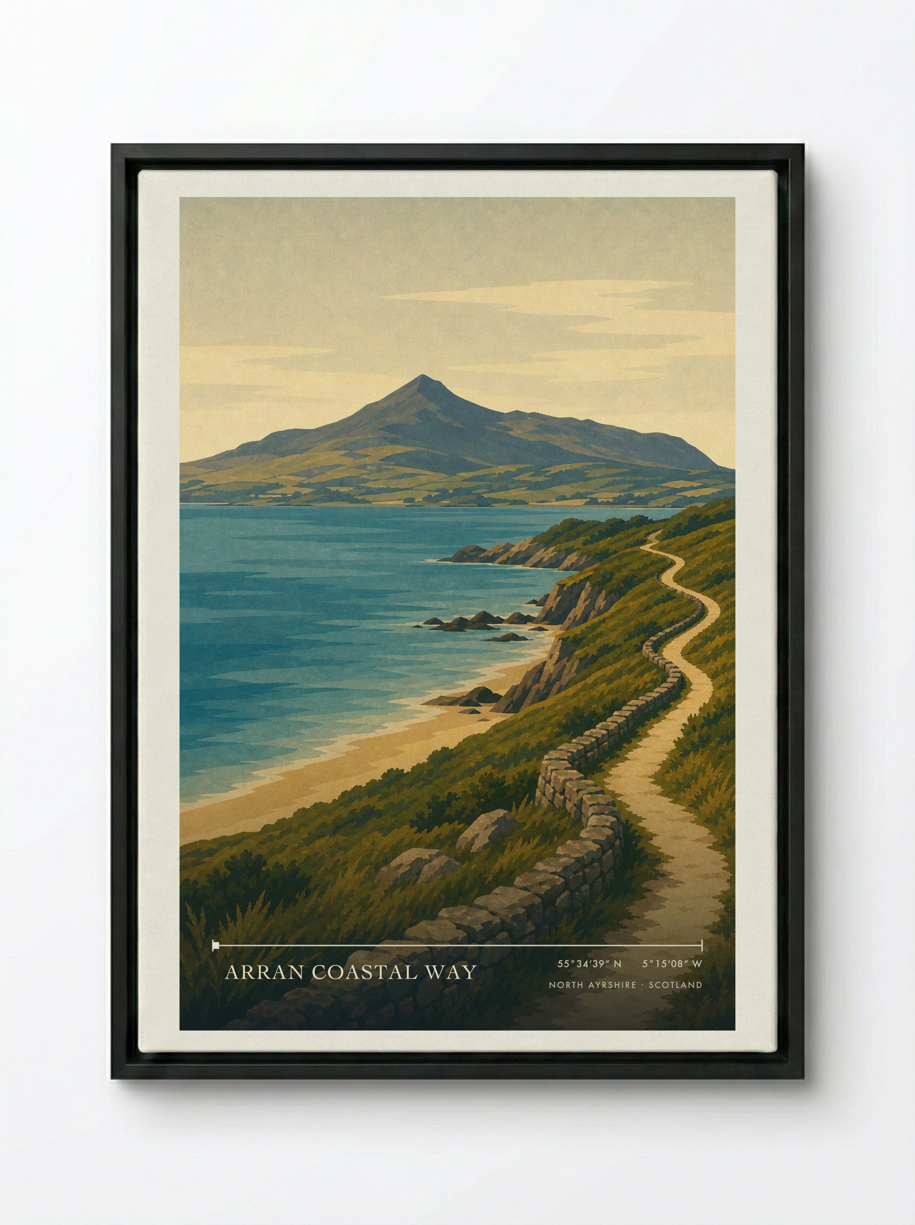 Arran Coastal Way Travel Poster Artwork - Framed Canvas Black