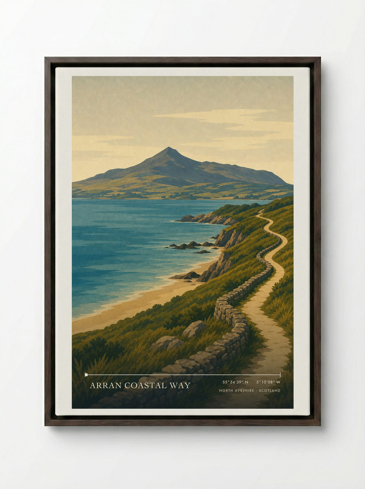 Arran Coastal Way Travel Poster Artwork - Framed Canvas Dark Wood
