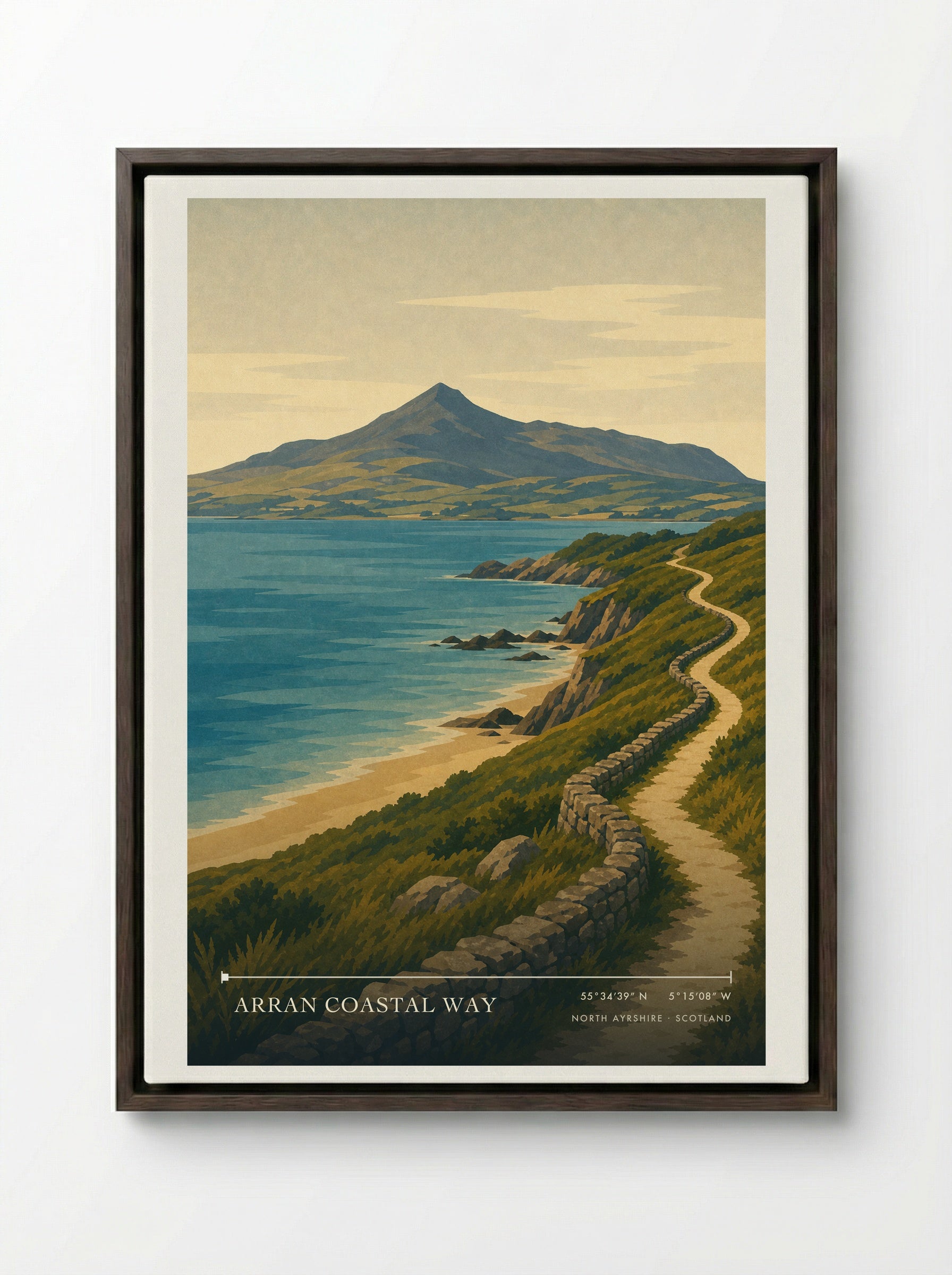 Arran Coastal Way Travel Poster Artwork - Framed Canvas Dark Wood