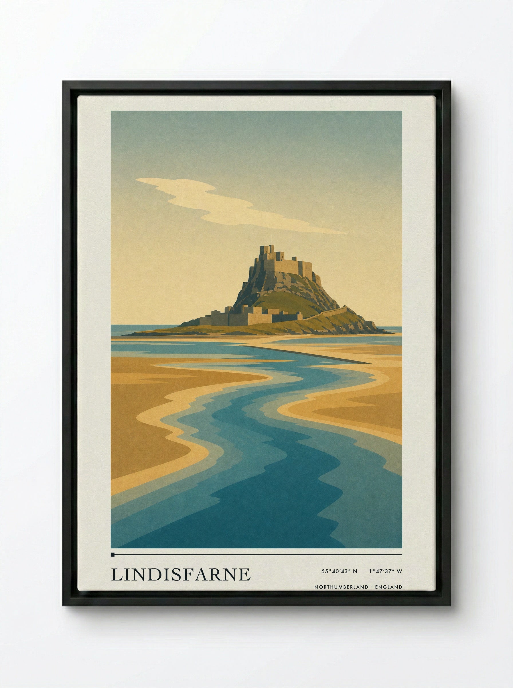 Lindisfarne Travel Poster Artwork - Framed Canvas Black