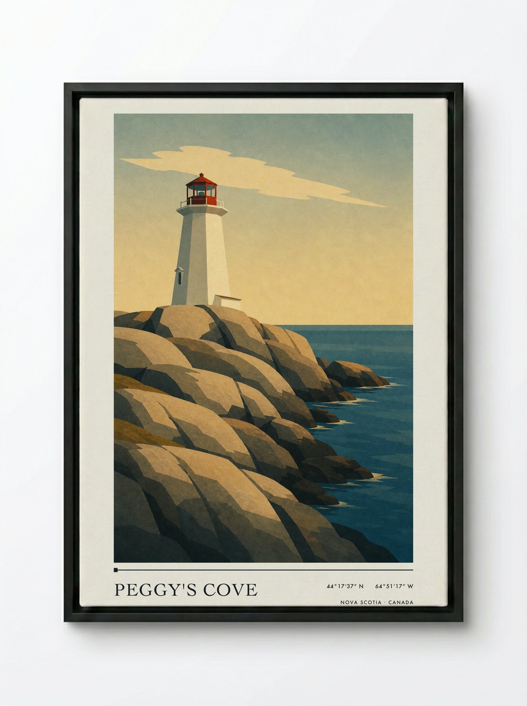 Peggy's Cove Travel Poster Artwork - Framed Canvas Black