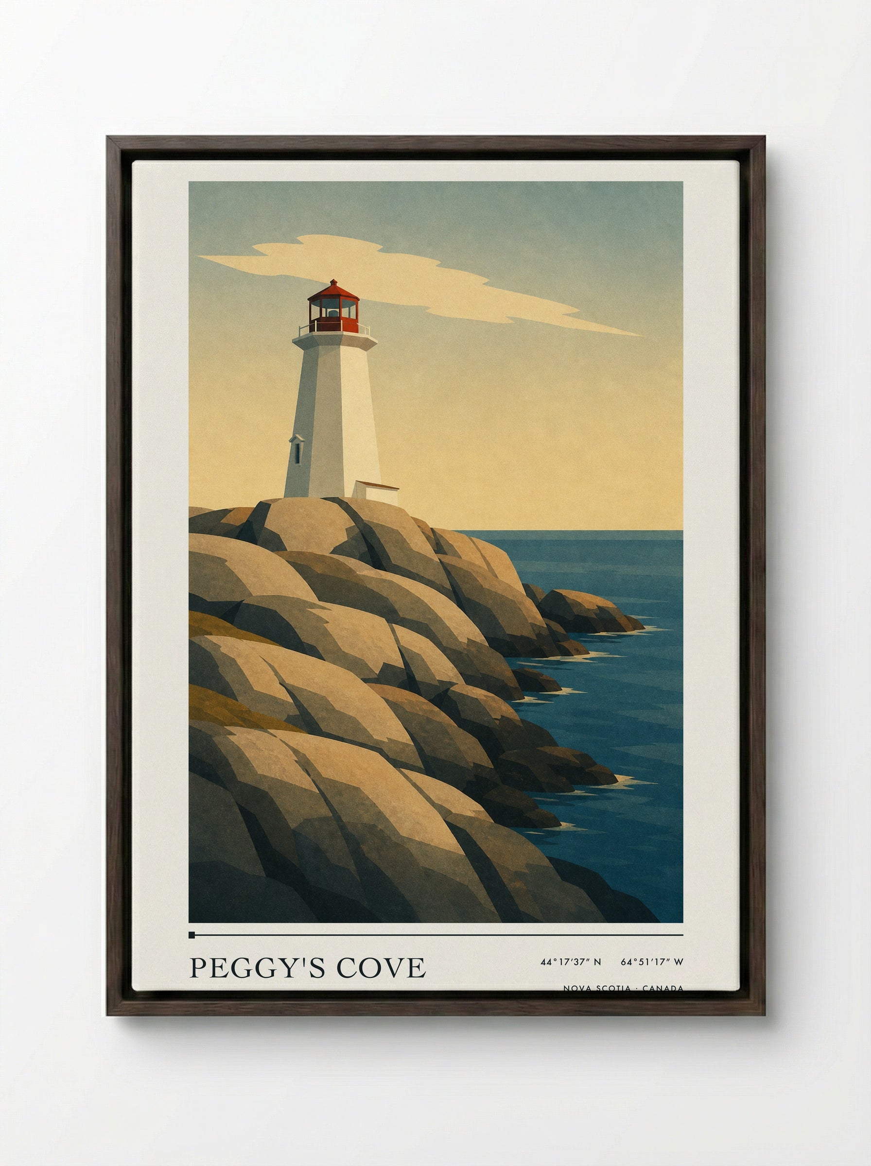 Peggy's Cove Travel Poster Artwork - Framed Canvas Dark Wood