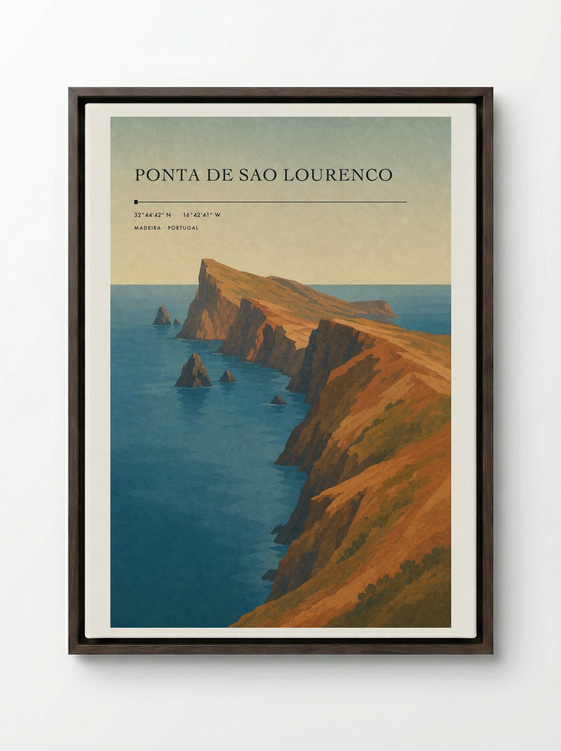 Ponta de Sao Lourenco Travel Poster Artwork - Framed Canvas Dark Wood
